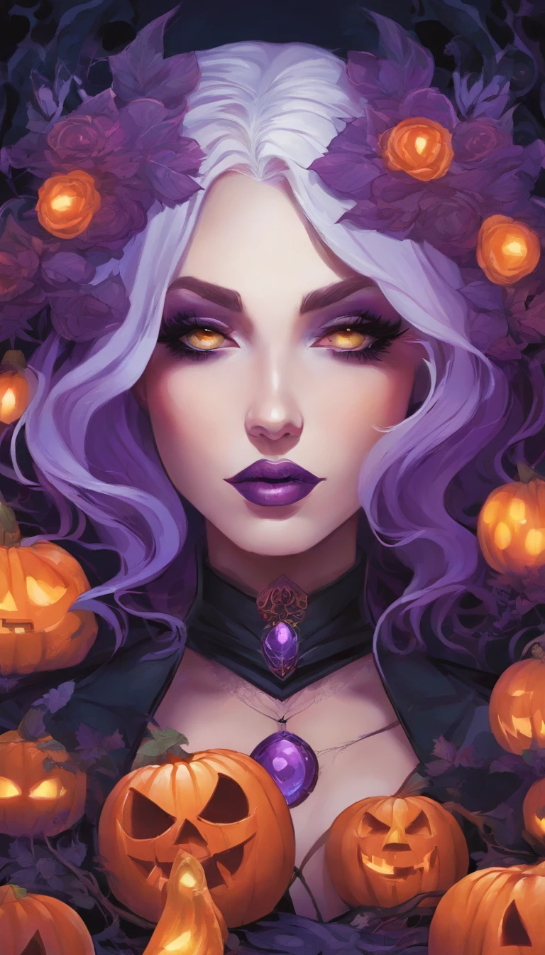Close-up portrait of woman in costume with purple hair and bright purple eyes, Calabaza verde brillante, Lois van Baarle y Rossdrew, Artgerm y Lois van Baarle, Artgerm y Rossdrew, RossDrew Cartoon Vibrante, A beautiful succubus, Estilo Ross Tran, RossDrawS 2. 5, inspirado por Ross Tran, Estilo de arte de Halloween, Artgerm muy detallado