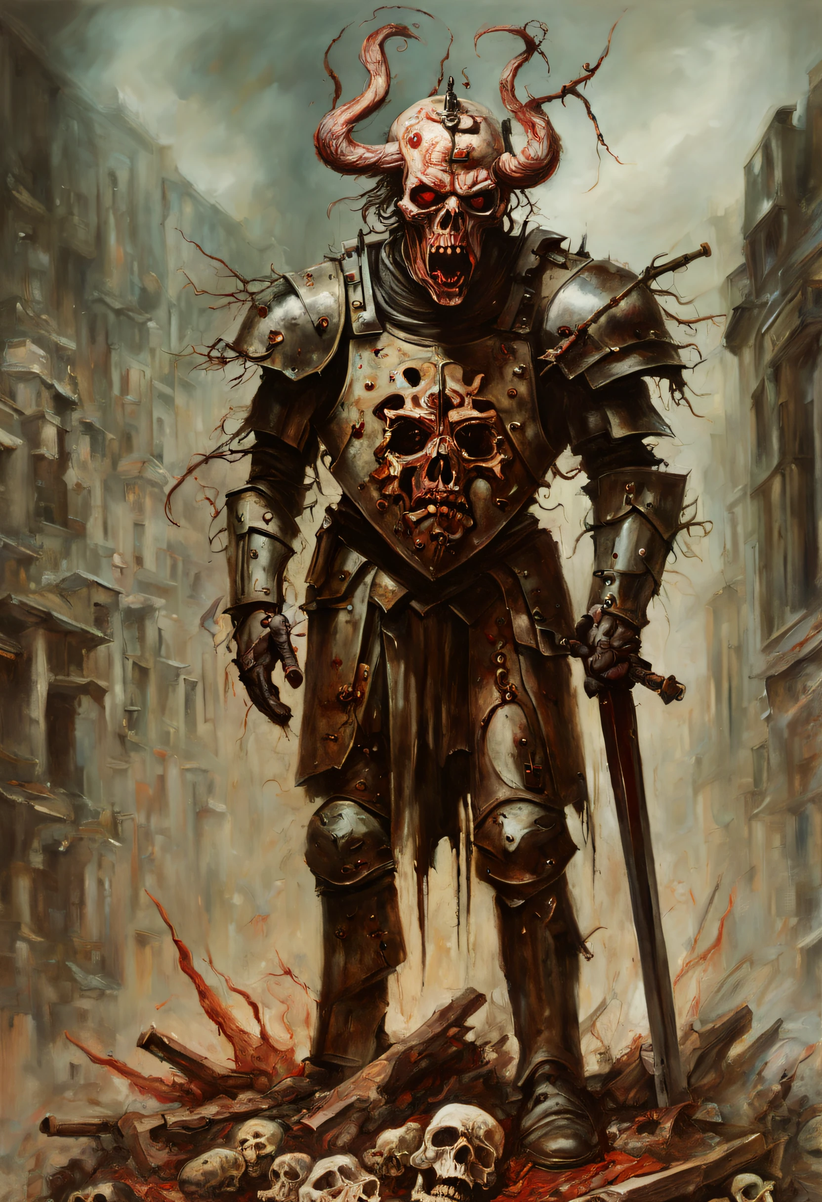 a male chaos warrior of khorne in armor is holding a great sword in a ruined post-apocalyptic city, sci-fi, fantasy, horror, skulls on the ground, blood, Tornado, Roman, (George Grosz,Egon Schiele,Remedios Varo:1.25), Empty chairs,Tangled roots,Key, Warped,Mangled,Ethereal, (Dual tones:1.1), (Isolation:1.1), (Glaze:1.1), (Reflected light:1.2), Glass, Polygon, ultra detailed, intricate, oil on canvas, dry brush, (surrealism:1.1), (disturbing:1.1)