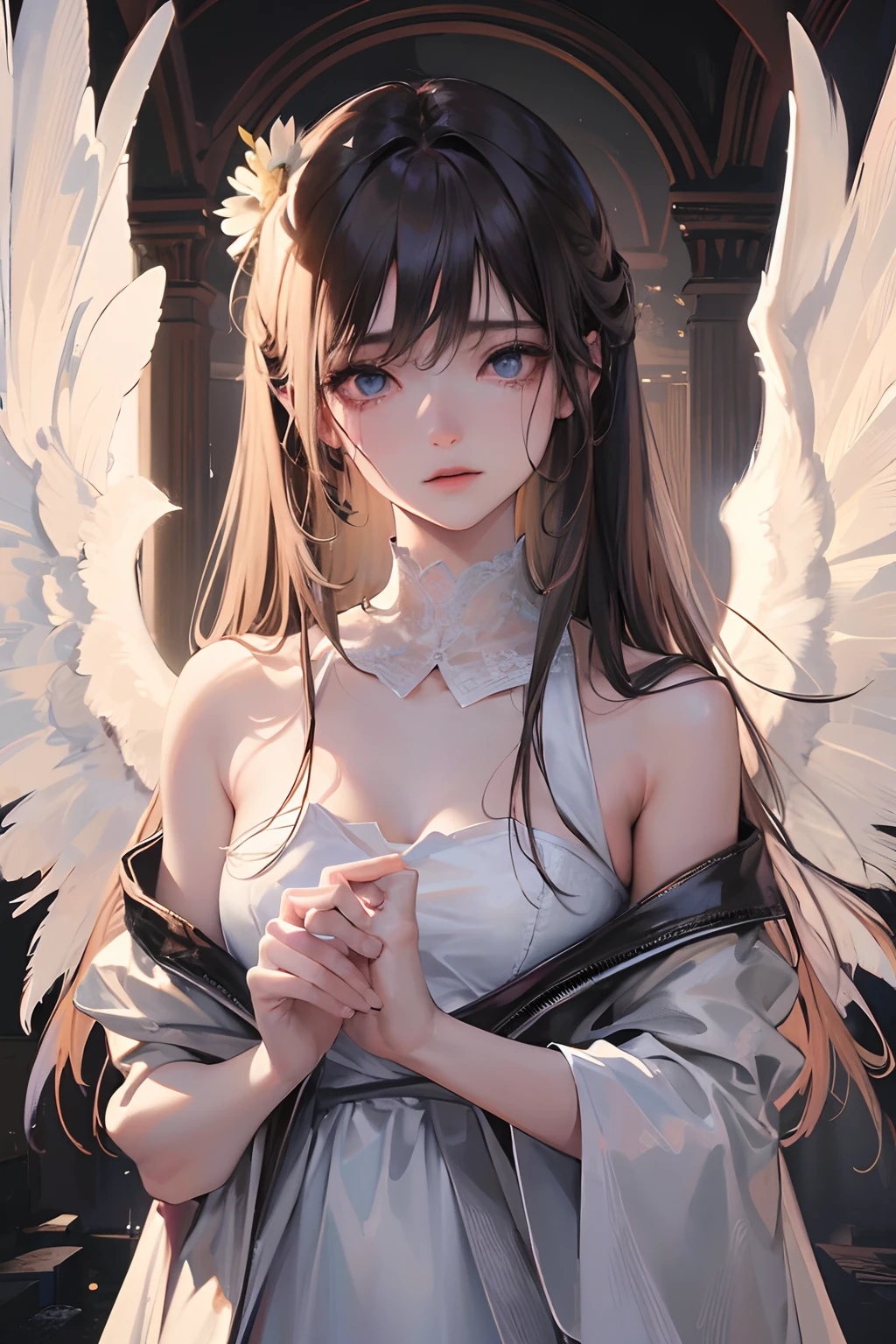 (Masterpiece), (Best quality), Photorealistic, art, sharp focus on face, full bodyesbian,
intricately detailed eyes, Perfect, Beautiful, Bare legs, Soft clothes, Fallen Angel, Crying, heartbreaking,
death, Haze lights, Heavenly, Cinematic, Background with depth, art