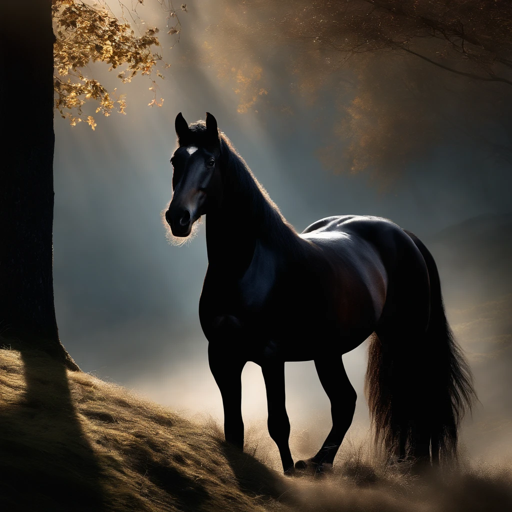 A black horse standing majestically amidst the dark atmosphere of the Caucasus mountains. The horse has a glossy black coat that shimmers in the dim light. Its muscular body is outlined against the misty backdrop of the mountains. The horse's eyes, full of mystery and power, are beautifully detailed, capturing the viewer's attention. The landscape, enveloped in shadows, adds to the sense of mystery and intrigue. The image quality is of the highest standard, with ultra-detailed features and realistic depiction. The masterpiece-quality artwork showcases the horse's strength and elegance in great detail. The color palette is dominated by deep, rich hues, emphasizing the dark atmosphere. Soft, natural lighting accentuates the horse's striking features and highlights its majestic presence.
