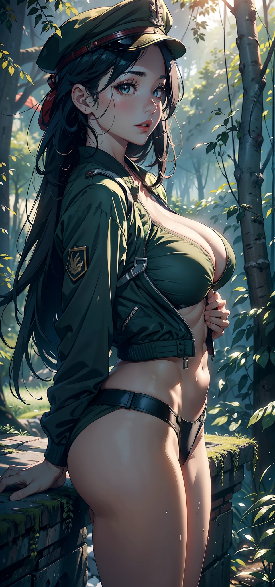 1female，45 yers old，Married Woman，熟妇，mature，plumw，extremely large bosom，Big breasts Thin waist，long leges， 独奏，（Background with：Deep in the forest，Cherry blossom forest，Aircraft wreckage）stand on stone，Open your legs， She has long black hair，bobo head，，seen from the front， standing in forest， mostly cloudy sky，（（（tmasterpiece），（Very detailed CG unity 8K wallpaper），best qualtiy，cinmatic lighting，detailed back ground，beatiful detailed eyes，Bright pupils，Black eyes，Snow-whiteskin，Redlip（Very fine and beautiful），（Beautiful and detailed eye description），ultra - detailed，tmasterpiece，））facing at camera，A high resolution，ultra - detailed），laughingly，revealing breasts，Bare genitalia，  Bulge，legs are open，Raised sexy，Camel toes，Flushed complexion，Desire for dissatisfaction，frontage，cyber punk style，Aviator（Wearing：military hat，green colored bomber jacket，）visible panty、nakeness，A sagging breast