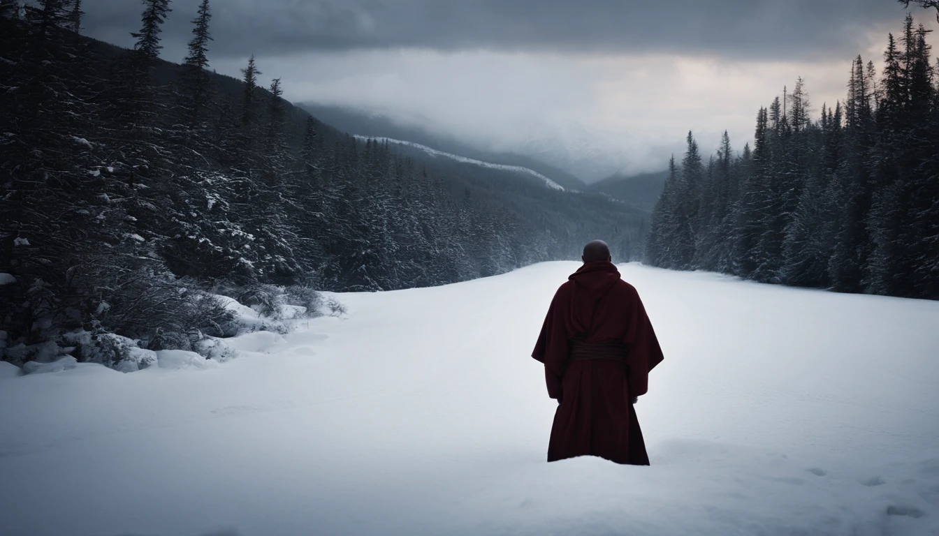 Monks,Back Shadow,snowfield,had his hands folded