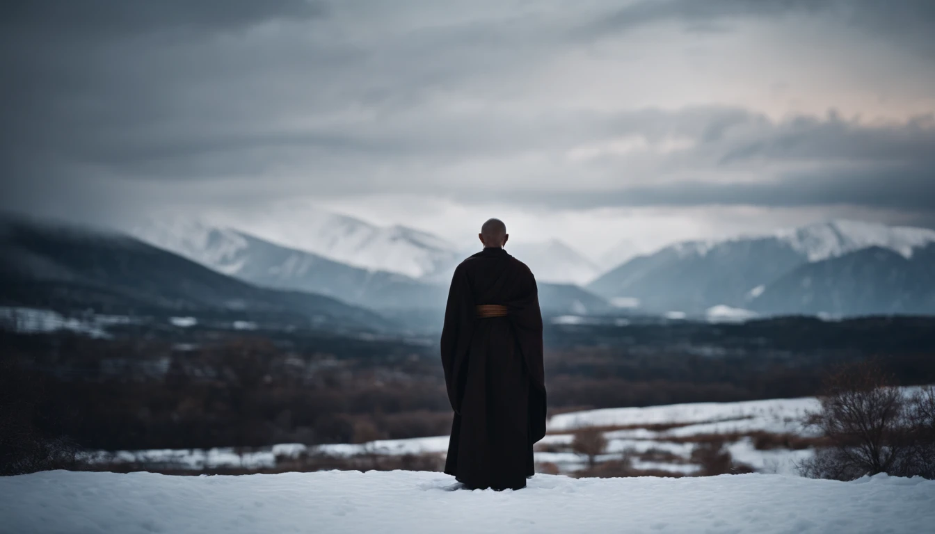 Monks,Back Shadow,snowfield,had his hands folded