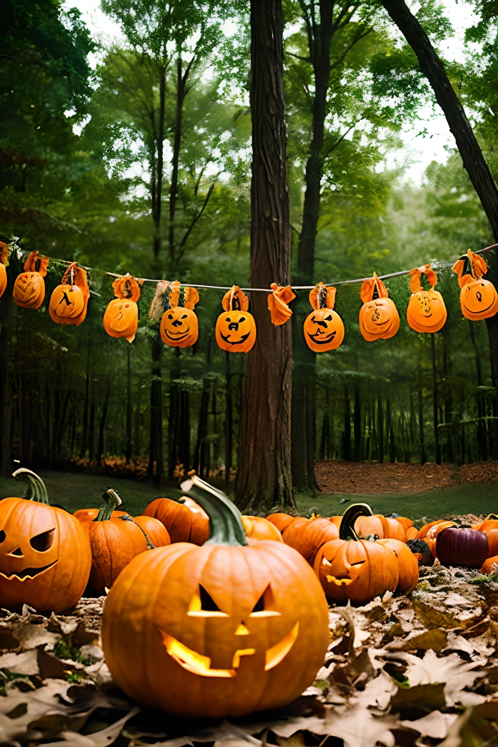 Generate an image with the image of Halloween with a lot of pumpkins hanging in the forest。