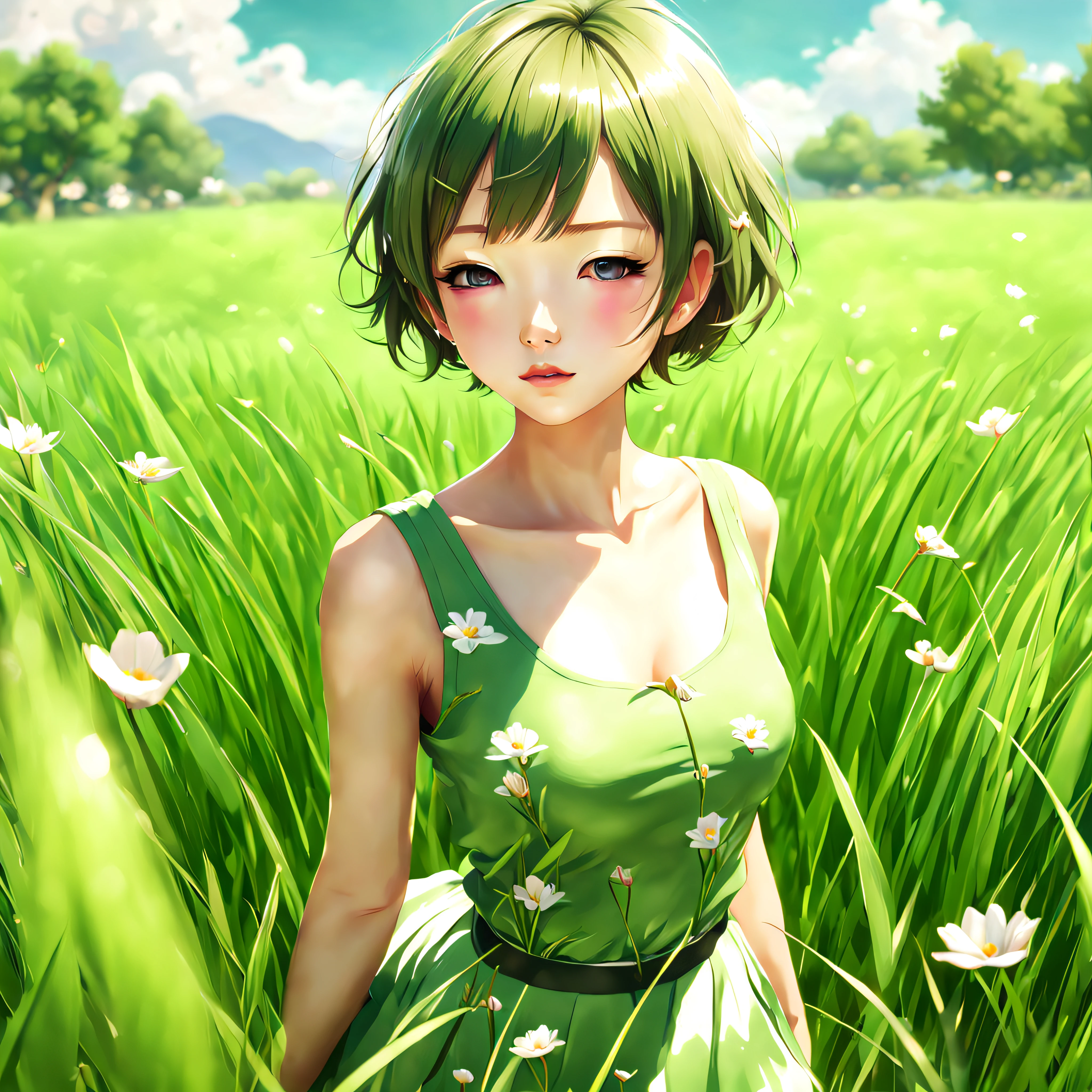 ((top-quality, 8K)), (Realistic), (Face Focus: 1.1), (green grass: 1.3), Kawaii Girl, short-hair,
Hair fluttering in the wind, Facing to the side, Look up at your face, Eyes closed, (Sleeveless: 1.1)?Skirt,
D Cup Breasts,Countless petals