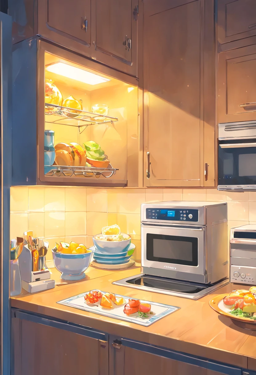 In the bright kitchen,(microwave oven:1.4),(tap:1.2),(Dishes:1.2)janelas,cupboard, oven,Super detail, High details, high qulity