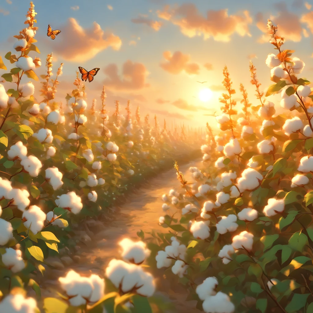 (best quality,4k,8k,highres,masterpiece:1.2),ultra-detailed,(realistic,photorealistic,photo-realistic:1.37),cotton field,golden sunlight,soft and billowing clouds,lush greenery,sunlit cotton bolls,dreamy atmosphere,warm and vibrant colors,peaceful and serene landscape,gentle breeze,rustling leaves,harmonious nature,humming bees,blooming wildflowers,inviting path leading into the field,rolling hills in the distance,endless expanse of cotton plants,dainty butterflies dancing,harvest-time ambiance,tranquil and idyllic setting,carefully cultivated rows of cotton,texture-rich,wide-angle perspective,captivating countryside scenery,meticulously detailed cotton fibers,sun-kissed landscape,pure and natural beauty,joyful chirping of birds,solitude and tranquility,aromatic scent of fresh cotton,tall and slender cotton plants swaying in the wind,evokes a sense of nostalgia and simplicity,abundant harvest of fluffy white cotton,immersed in the peacefulness of the countryside,serene blue sky stretching far and wide,connecting with nature on a profound level.