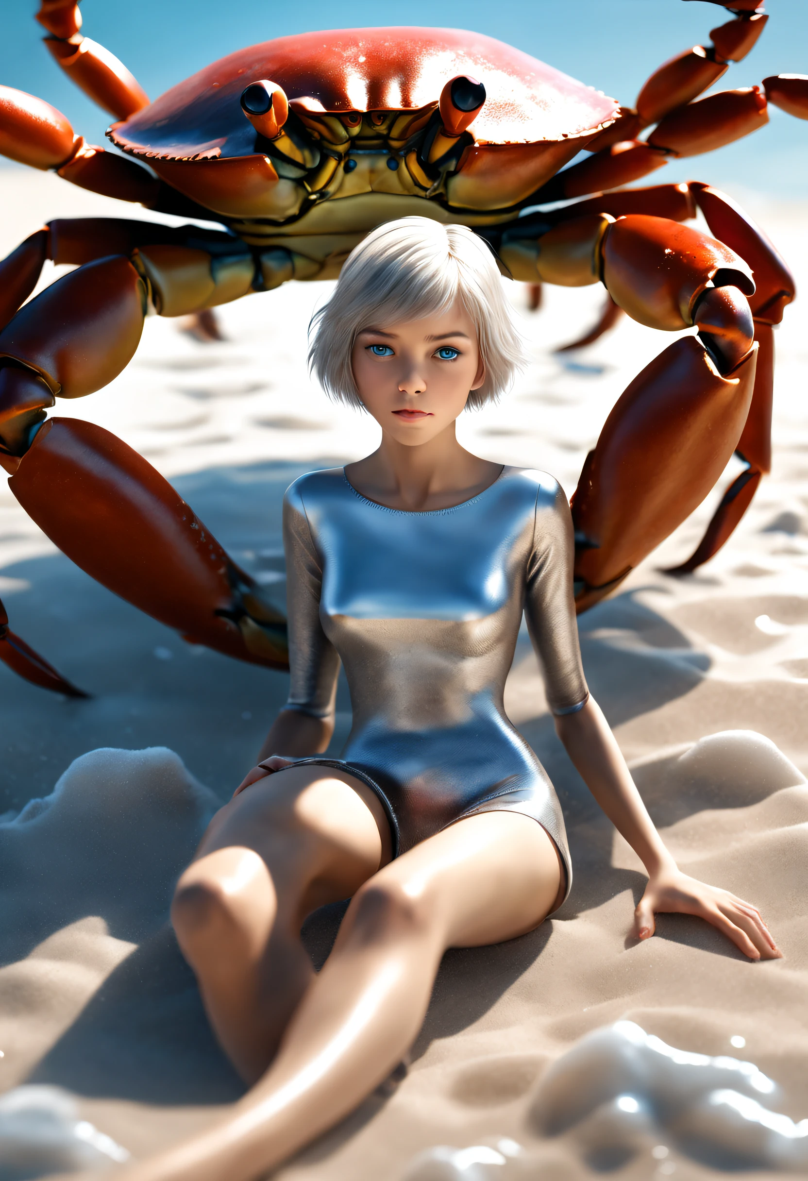 a girl, catch a big crab, sharp focus, 8k, perfect composition, trending on art station, award-winning photograph, cinematic smooth, intricate detail, highly detailed, slim body, silver short hair, blue eyes, full body, from below, splash, fractal art, god ray, beach, snow, teen,naked