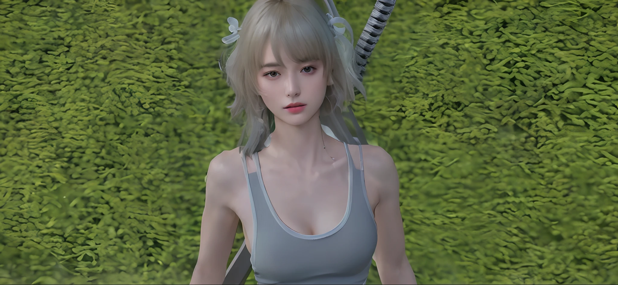 ((Best quality, 8k, Masterpiece :1.3)), Sharp focus :1.2, A pretty woman with perfect figure :1.4, Slender abs :1.2, ((Layered haircut, Big breasts :1.2)), (Tank top shirt :1.1), (Street :1.2), Highly detailed face and skin texture, Detailed eyes, Double eyelid