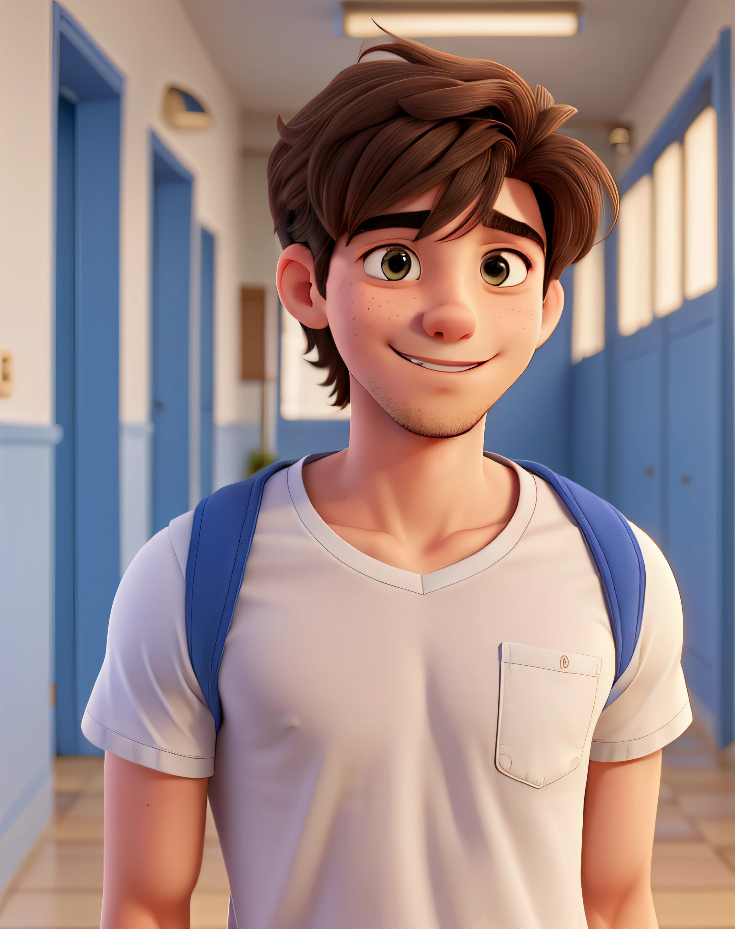 um jovem homem branco, na sala de aula, professor, com camisa azul escura, feliz