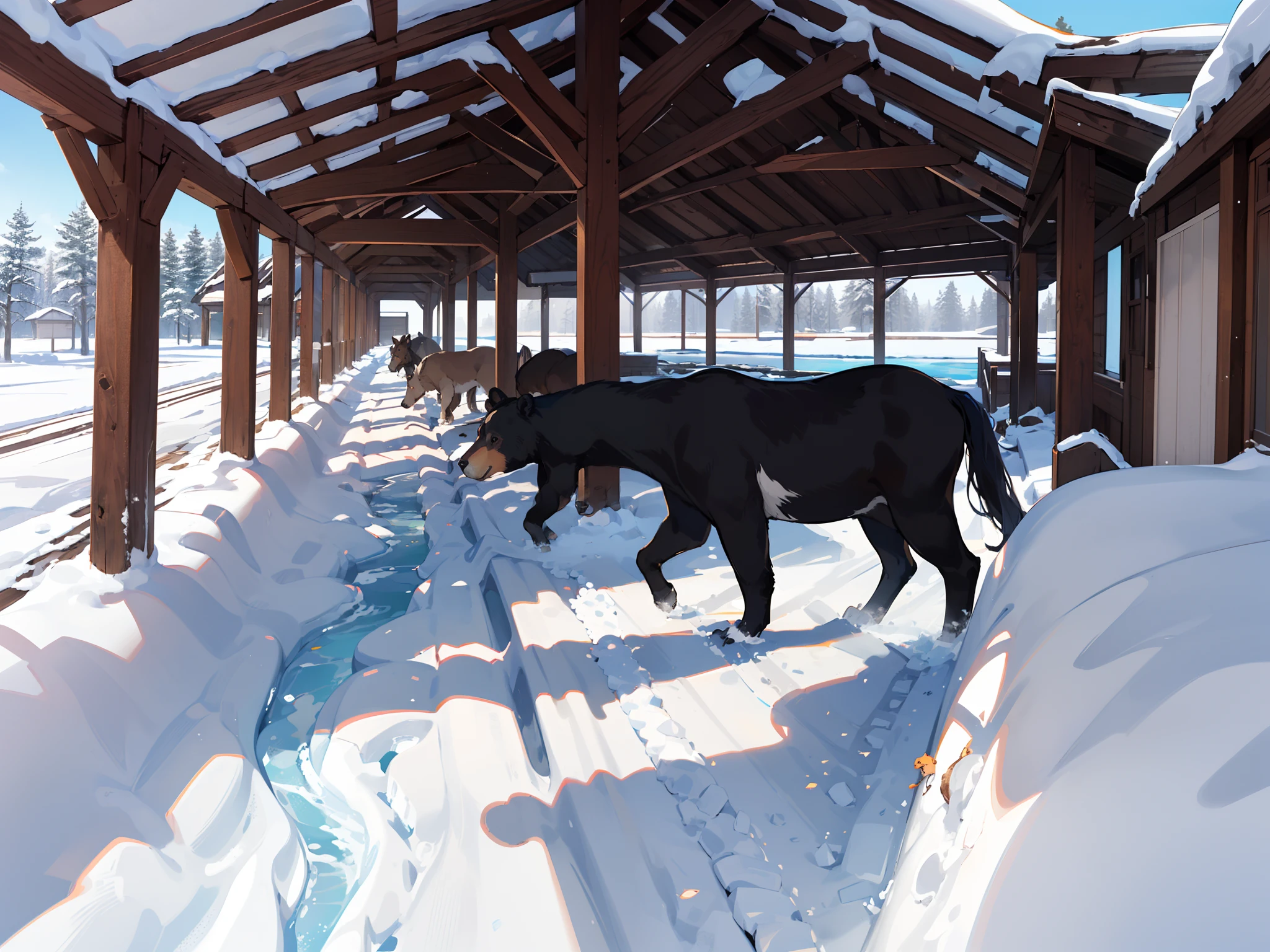 The tracks of the big bear were all around the barn,and there were marks of his claws on the walls. But Sukey and the horses were safe inside. All that day the sun shone, the snow melted, and little streams of water ran from the icicles, which all the time grew thinner. Before the sun set that night, the bear tracks were only shapeless marks in the wet, soft snow.