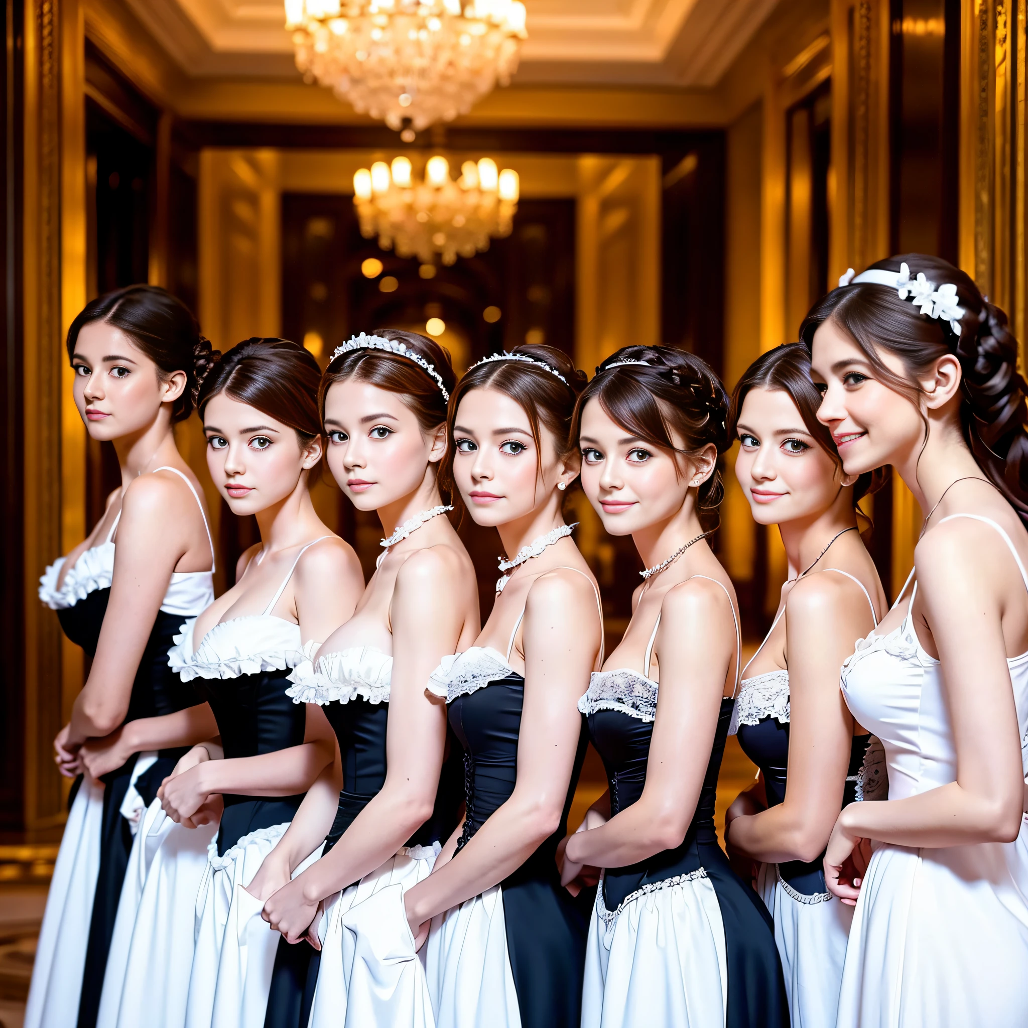 victorian maids line up in line, luxury royal lobby, detailed face, cute face, attractive feminine body, young girls:1.4, cleavage, beautiful smile, full body, seductive eyes, side shot,