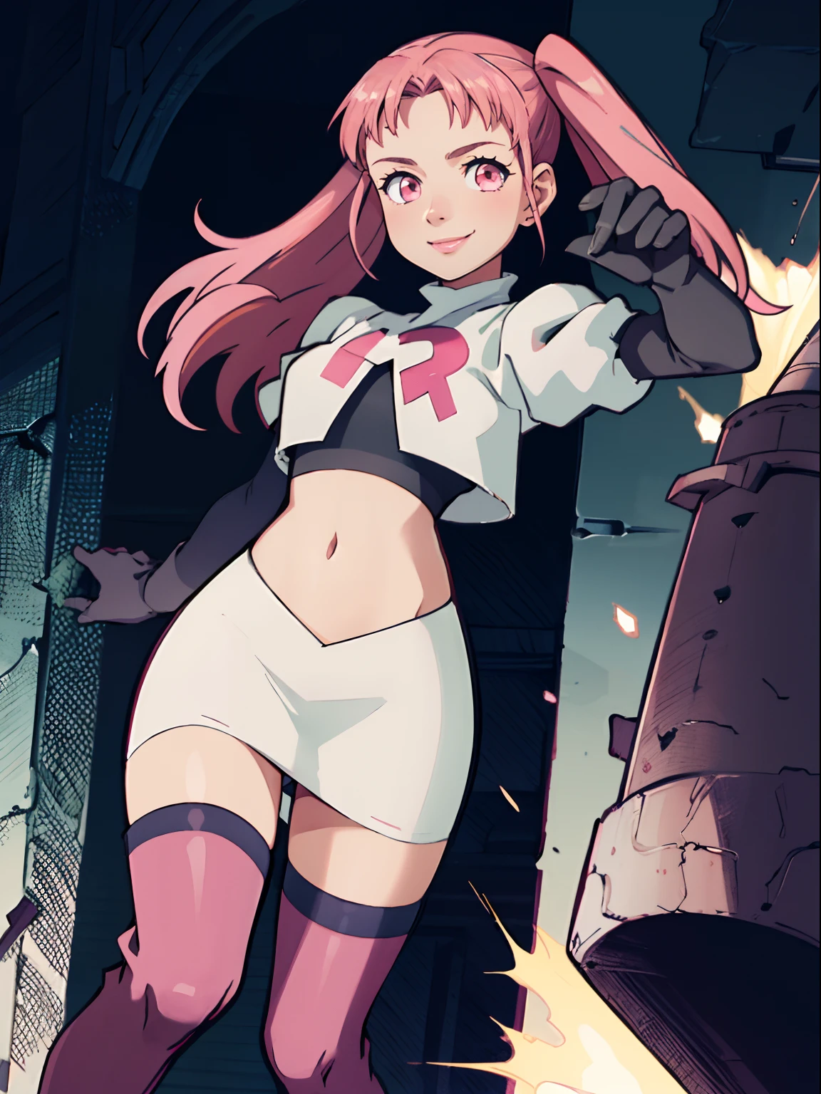 hilda valentine goneril, twintails pink hair, pink eyes ,rocket,team rocket uniform, red letter R, white skirt,white crop top,black thigh-highs,black elbow gloves, smile