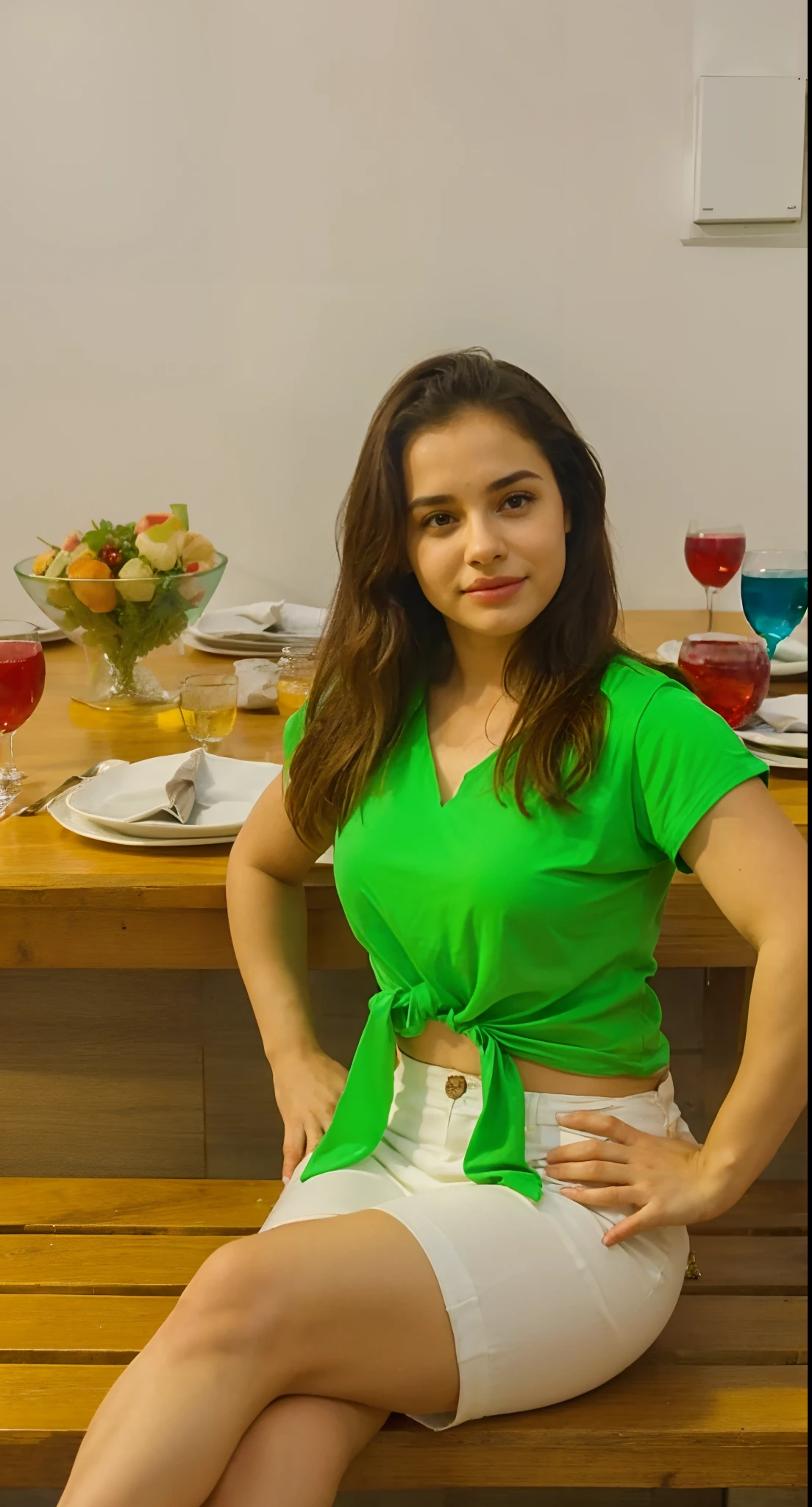 Mulher sentada a mesa de jantar