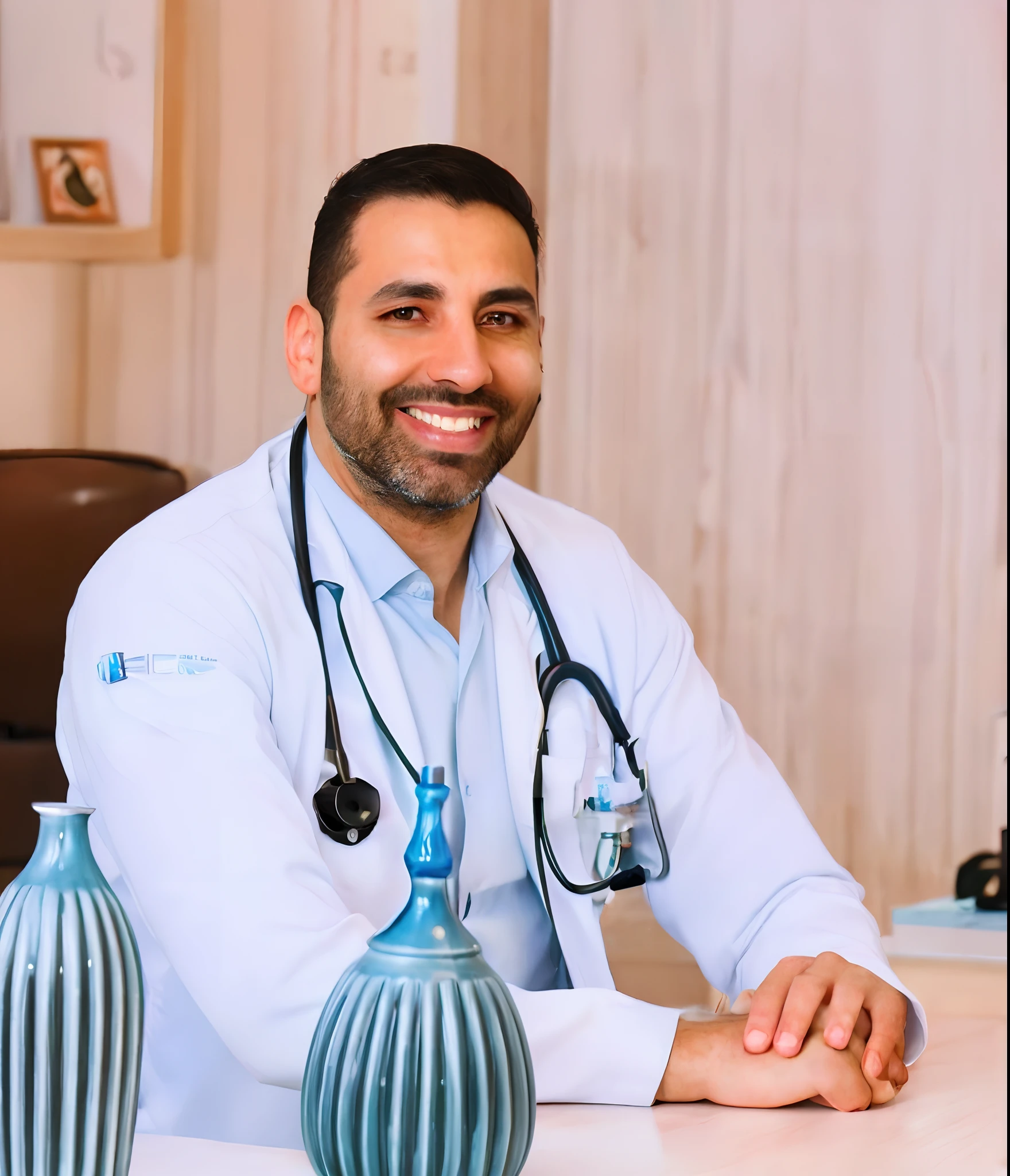 Smiling doctor sitting at a table with a vase and vases, medic, Male physician, medic, (medic), foxish guy in a lab coat, dentista, Sam Nassour, Amr Elshamy, imagem de perfil, Emad Mostaque, Alejandro, Directed by: David Ruby, icaro carvalho, centro da imagem, medical photography