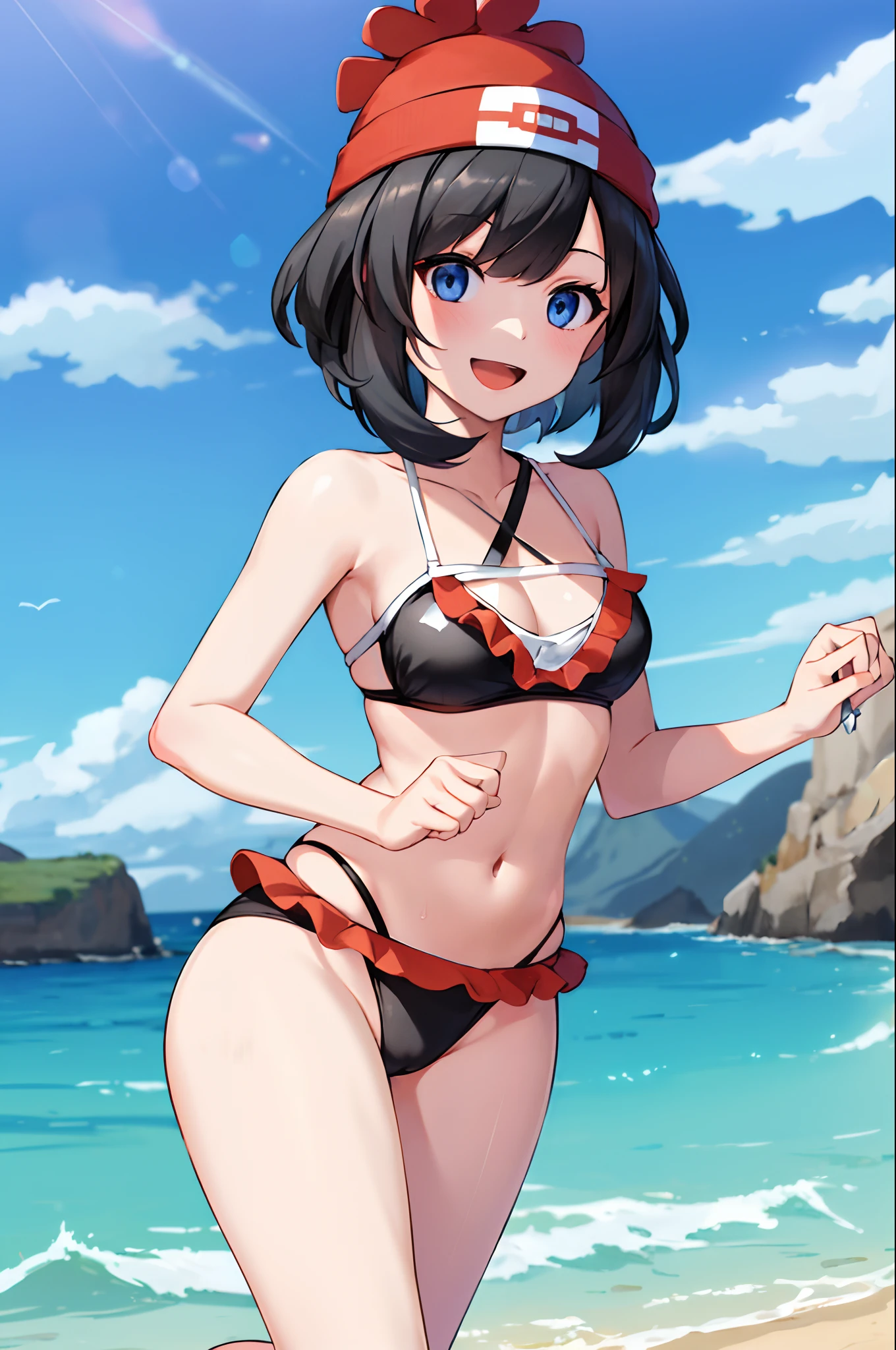 masterpiece, best quality, highres, selene1, 1girl, selene \(pokemon\), solo, hat, blue eyes, black hair, red headwear, beanie, short hair, frills, frilled bikini, beach, smile, open mouth, caustics, sidelighting,