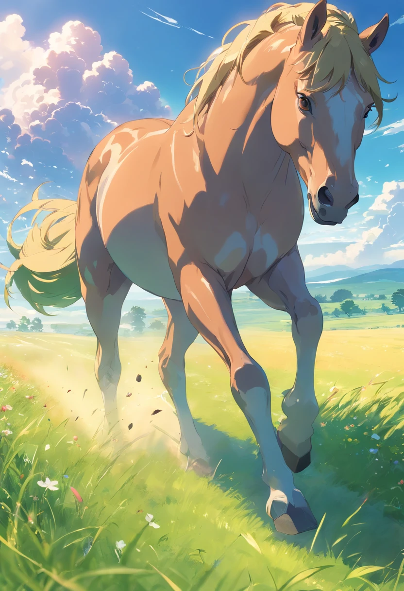 (Best quality,4K,A high resolution,Masterpiece:1.2),Ultra-detailed,Realistic,sportrait,Giant horses,Galloping stallions,full bodyesbian,elegant,Graceful,Strong presence,rippling muscles,flowing mane and tail,Curved neck and arched back,Sharp focus,intense eyes,The nostrils buzz,Hoofs hit the ground,Dust flying in the air,Graze on green meadows,Magnificent creatures,Imposing figure,Robust construction,Vivid colors,Soft lighting,Subtle shadows,neutral color palette.