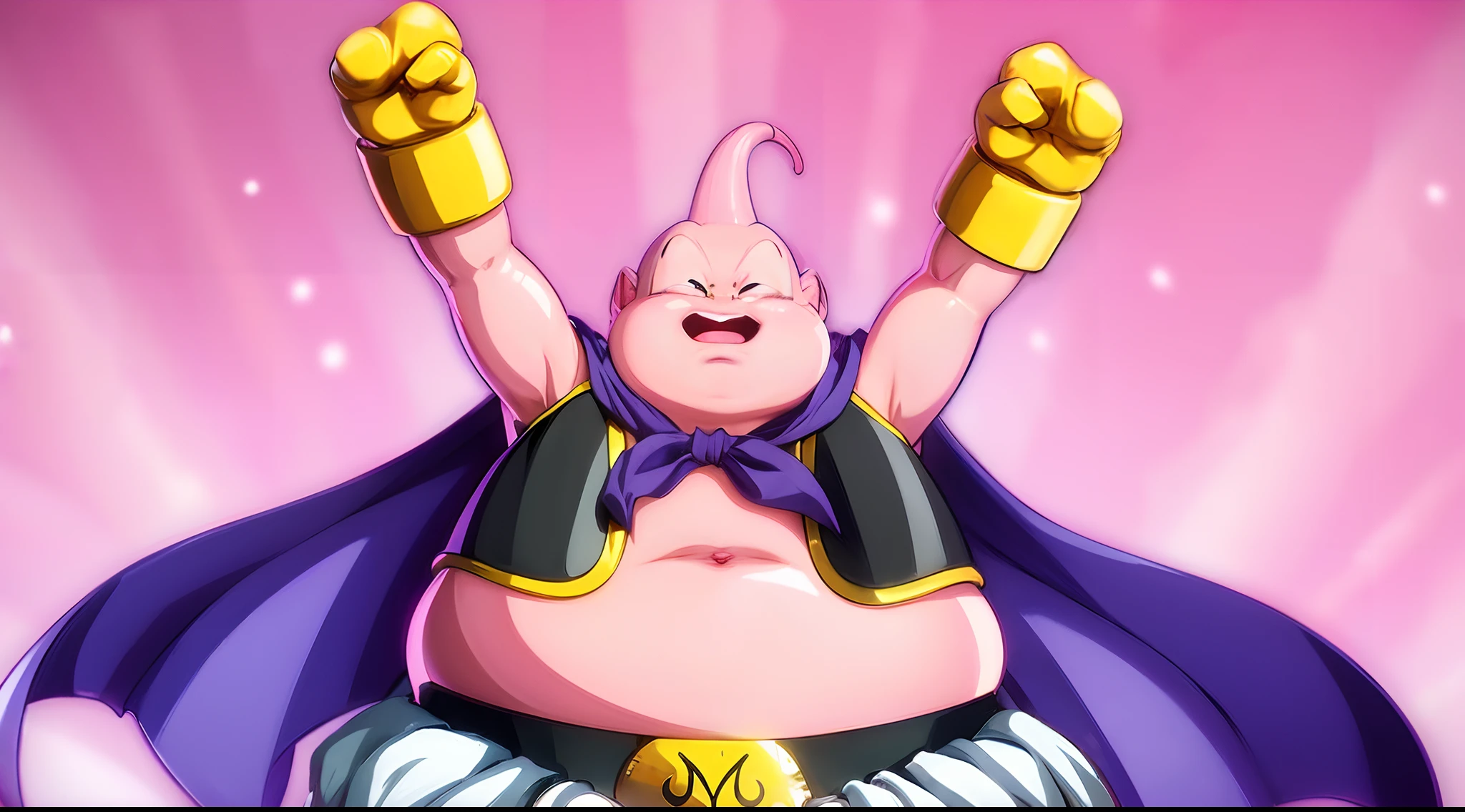 (toriyama akira), mj-kb, Majin Buu, Kid Buu, 1guy, male, black sclera, red pupil, pink skin, Happy, standing, arms up, closed eyes, white pants, harem pants, m on belt, abs, clear face, detailed eyes, clean hands, anatomical, dragon ball, (dragon ball z), full body, hero, villain, high definition, looking at viewer, official art, serious expression, (((blank background))), solo, (((one person))), solid background, full body character, transparent background