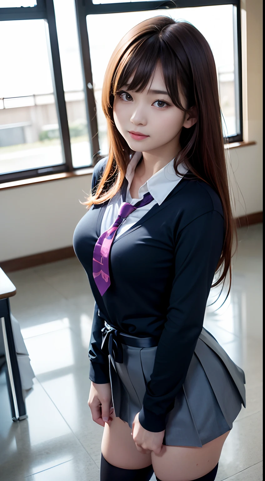 mix4, (16 K, Raw photography, Top image quality, ​masterpiece: 1.45), (realisitic, Photorealsitic: 1.37), one girls, cute little, A city scape,, profetional lighting, photon maping, school classrooms, physically-based renderingt, dark brown  hair,pony tail hairstyle, Well-groomed and beautiful eyes、((二重まぶた))、Transcendent Cute Girl, (((student clothes、blazers、Long sleeve shirt worn by Japan high school girl、Ribbon Ties、Dark blue mini skirt,、Dark blue socks、Black loafers))), Top Quality Photos, hight resolution, 1080p, (clearface), (Detailed face description), (Detailed hand description), (​masterpiece), (Exquisite CG)、extreme light and shadows、dishevled hair、master work、abundant detail、(Fine facial features)、(top quality photo)、(masuter piece)、(A detailed eye)、Look in front of you、Fine clavicle、((Slender big))、(((Japan schoolgirl wears a long-sleeved shirt)))、((Neat and clean idol))、((School Gate、school ground、School building in the background))、(Shooting from random perspectives)、(((Anyway cute)))、耳Nipple Ring、A big smile、Drawing the whole body from the knees、Do not draw nasolabial folds、(((Sports bags used by Japan schoolgirls)))、(Big breasts that hang down big:1.2)、Big buttocks with tension、Two arms and two legs、(((from the front side:0.7)))、bare hand、(((Left and right symmetrical eyes)))、Standing Pose、Put your hands on your desk、Do not remove the tie from the jacket、