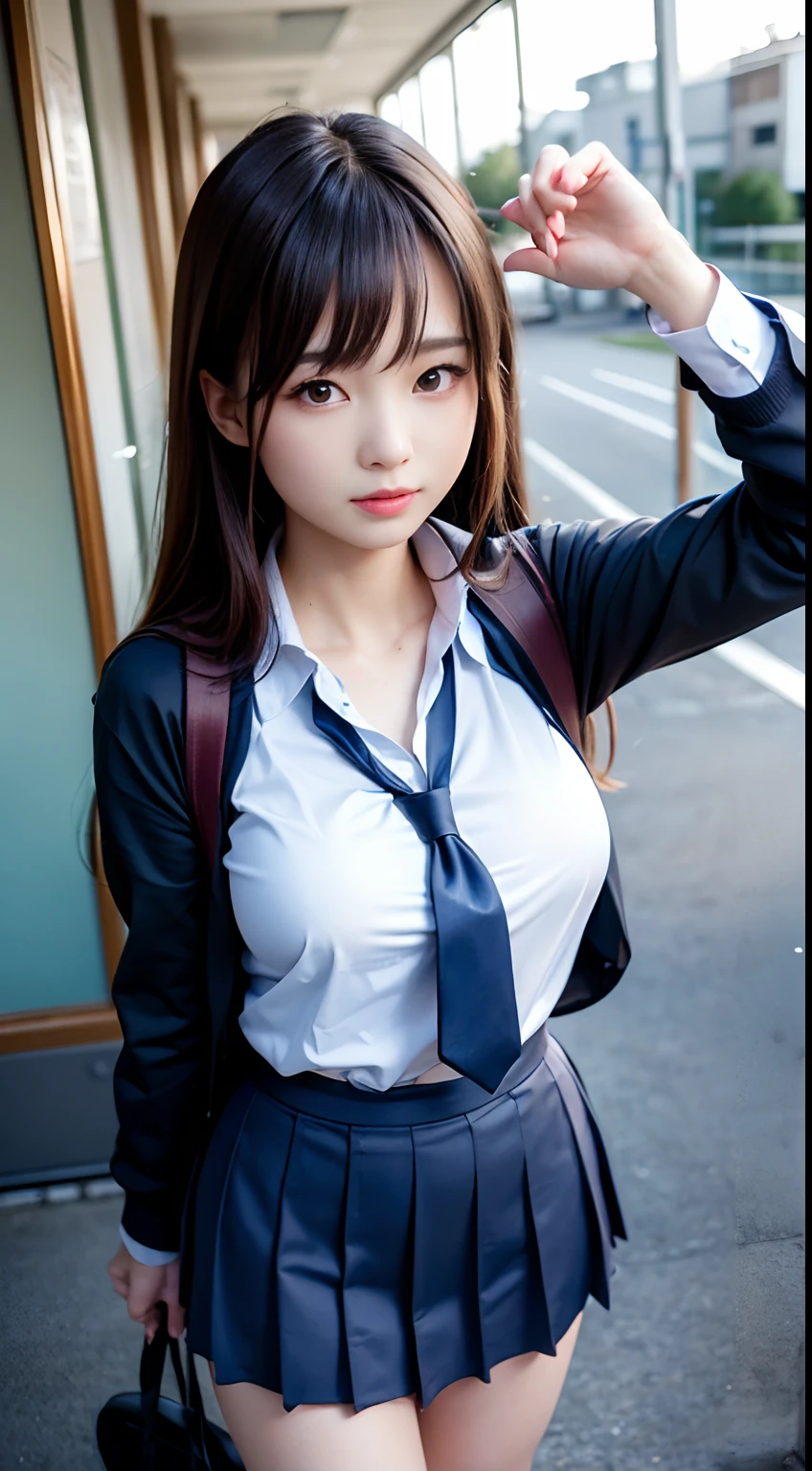 mix4, (16 K, Raw photography, Top image quality, masterpiece: 1.45), (realisitic, Photorealsitic: 1.37), one girls, cute little, A city scape,, profetional lighting, photon maping, school classrooms, physically-based renderingt, dark brown hair,pony tail hairstyle, Well-groomed and beautiful eyes、((二重まぶた))、Transcendent Cute Girl, (((student clothes、blazers、Long sleeve shirt worn by Japan high school girl、Ribbon Ties、Dark blue mini skirt,、Dark blue socks、Black loafers))), Top Quality Photos, hight resolution, 1080p, (clearface), (Detailed face description), (Detailed hand description), (masterpiece), (Exquisite CG)、extreme light and shadows、dishevled hair、master work、abundant detail、(Fine facial features)、(top quality photo)、(masuter piece)、(A detailed eye)、Look in front of you、Fine clavicle、((Slender big))、(((Japan schoolgirl wears a long-sleeved shirt)))、((Neat and clean idol))、((School Gate、school ground、School building in the background))、(Shooting from random perspectives)、(((Anyway cute)))、耳Nipple Ring、A big smile、Drawing the whole body from the knees、Do not draw nasolabial folds、(((Sports bags used by Japan schoolgirls)))、(Big breasts that hang down big:1.2)、Big buttocks with tension、Two arms and two legs、(((from the front side:0.7)))、bare hand、(((Left and right symmetrical eyes)))、Standing Pose、Put your hands on your desk、Do not remove the tie from the jacket、