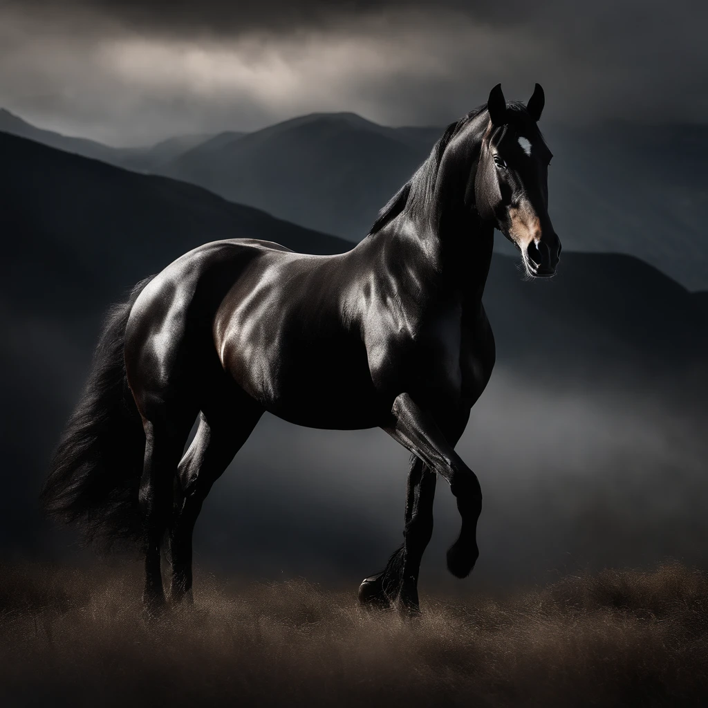 A black horse standing majestically amidst the dark atmosphere of the Caucasus mountains. The horse has a glossy black coat that shimmers in the dim light. Its muscular body is outlined against the misty backdrop of the mountains. The horse's eyes, full of mystery and power, are beautifully detailed, capturing the viewer's attention. The landscape, enveloped in shadows, adds to the sense of mystery and intrigue. The image quality is of the highest standard, with ultra-detailed features and realistic depiction. The masterpiece-quality artwork showcases the horse's strength and elegance in great detail. The color palette is dominated by deep, rich hues, emphasizing the dark atmosphere. Soft, natural lighting accentuates the horse's striking features and highlights its majestic presence.