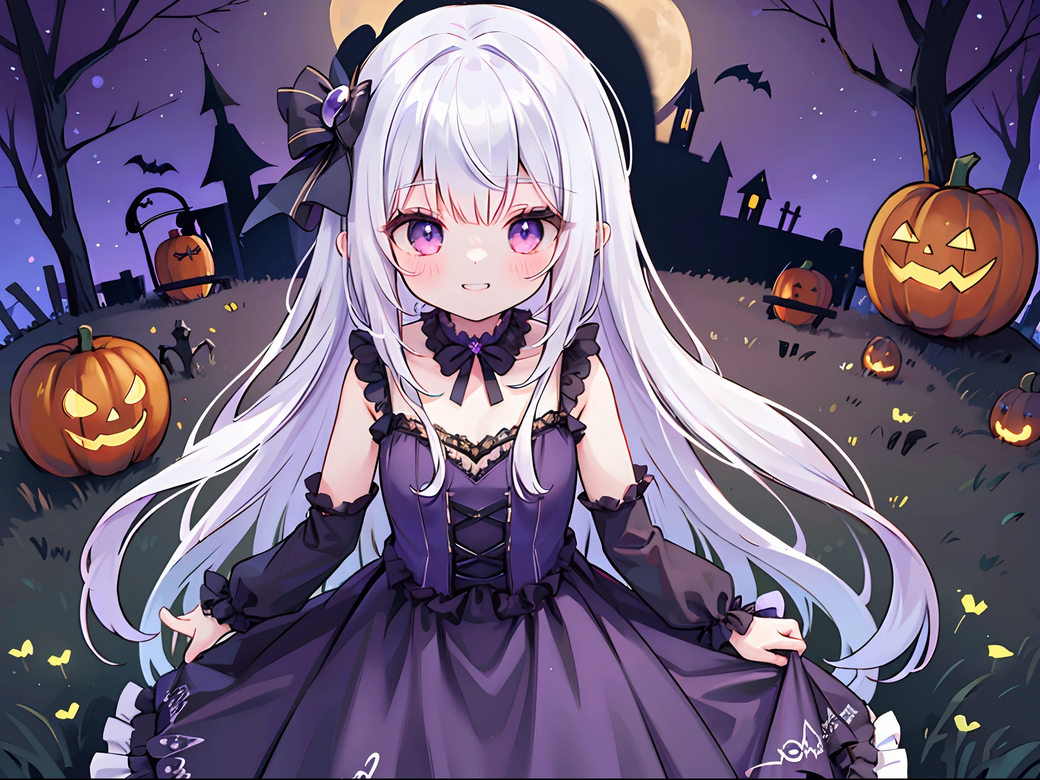 Lovely,Upper body only,the witch,Lori,cute little,,Halloween,fancy dress,White hair,Purple eyes,Long,grin