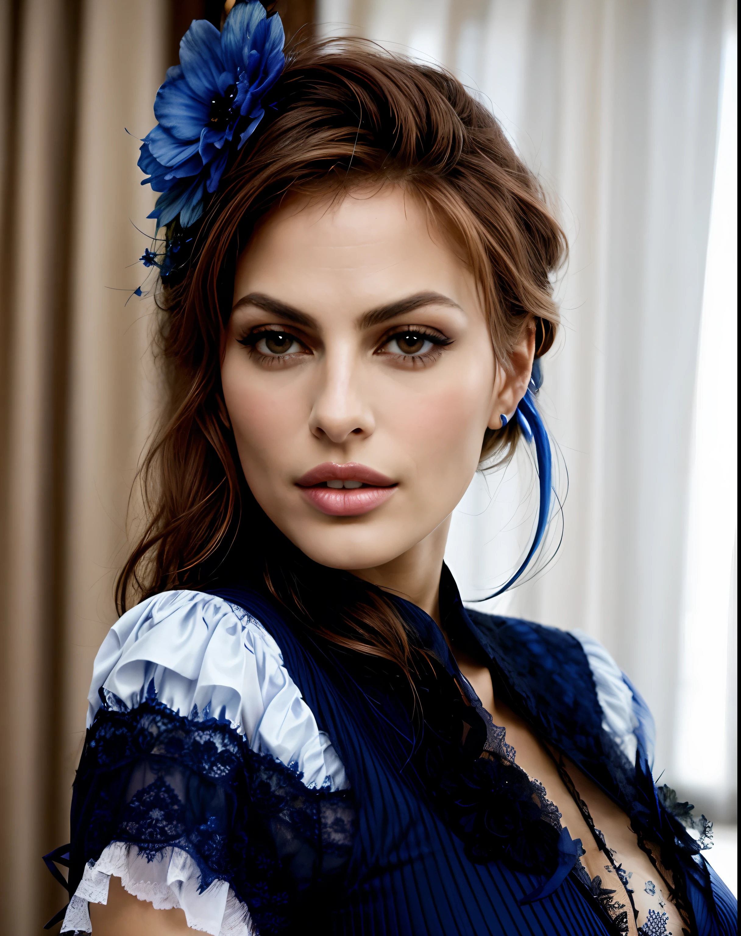 Frau mit einer blauen Blume im Haar, Eva Mendes, sinnlicher Mund, seductive facial expression