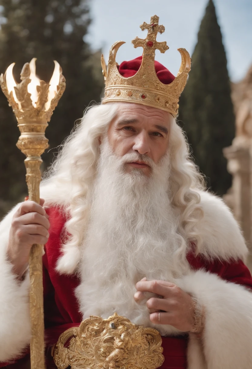 donzela santa，The whole body is surrounded by white ribbons，Holding a golden scepter in his hand, He sits on a lion made of crystal，Flexible Body，Nice appearance，super claro，4k，A qualidade de imagem do filme，Easy composition，A textura da chegada dos anjos