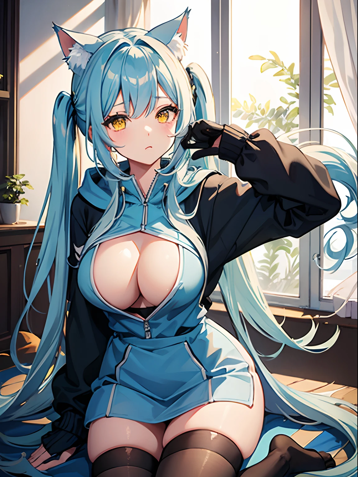 Long Hair, Twintail, Light Blue Hair, Yellow Eyes, Cat Ears, Cat Tail, Big Boobs, Wearing Hoodie, Long Stocking, Nighttime, Wearing Black Gloves, Inside a house