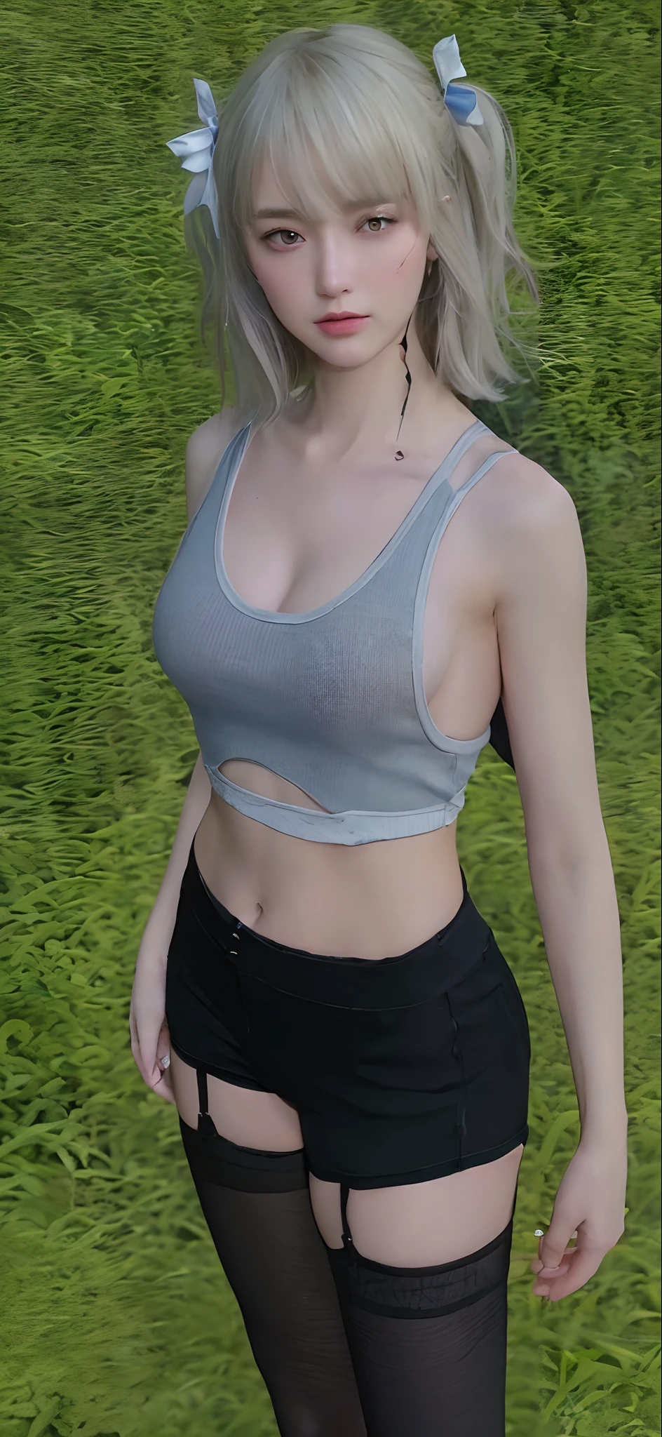 ((Best quality, 8k, Masterpiece :1.3)), Sharp focus :1.2, A pretty woman with perfect figure :1.4, Slender abs :1.2, ((Layered haircut, Big breasts :1.2)), (Tank top shirt :1.1), (Street :1.2), Highly detailed face and skin texture, Detailed eyes, Double eyelid