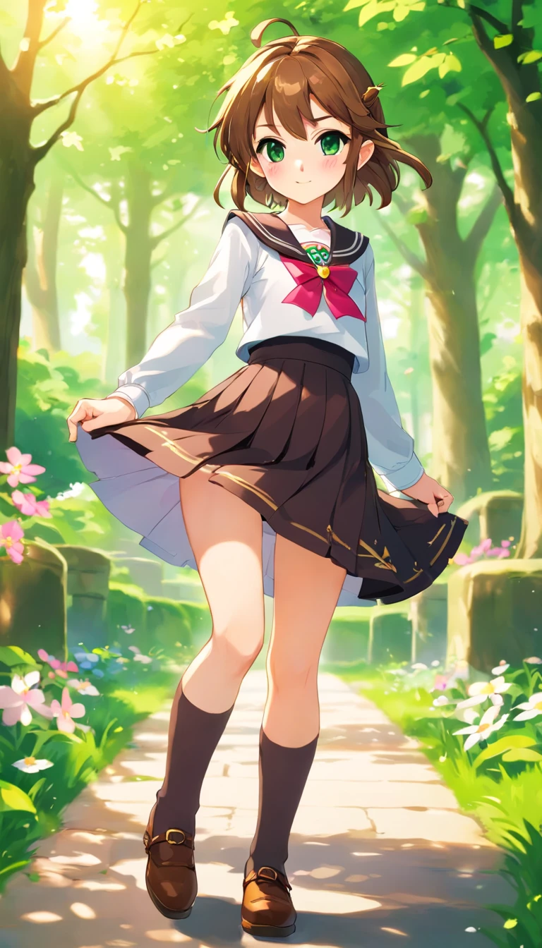 kinomoto sakura, 1girl, brown hair, short hair, antenna hair, two side up, hair bobbles, green eyes, school uniform, white sailor collar, black shirt, long sleeves, white skirt, pleated skirt