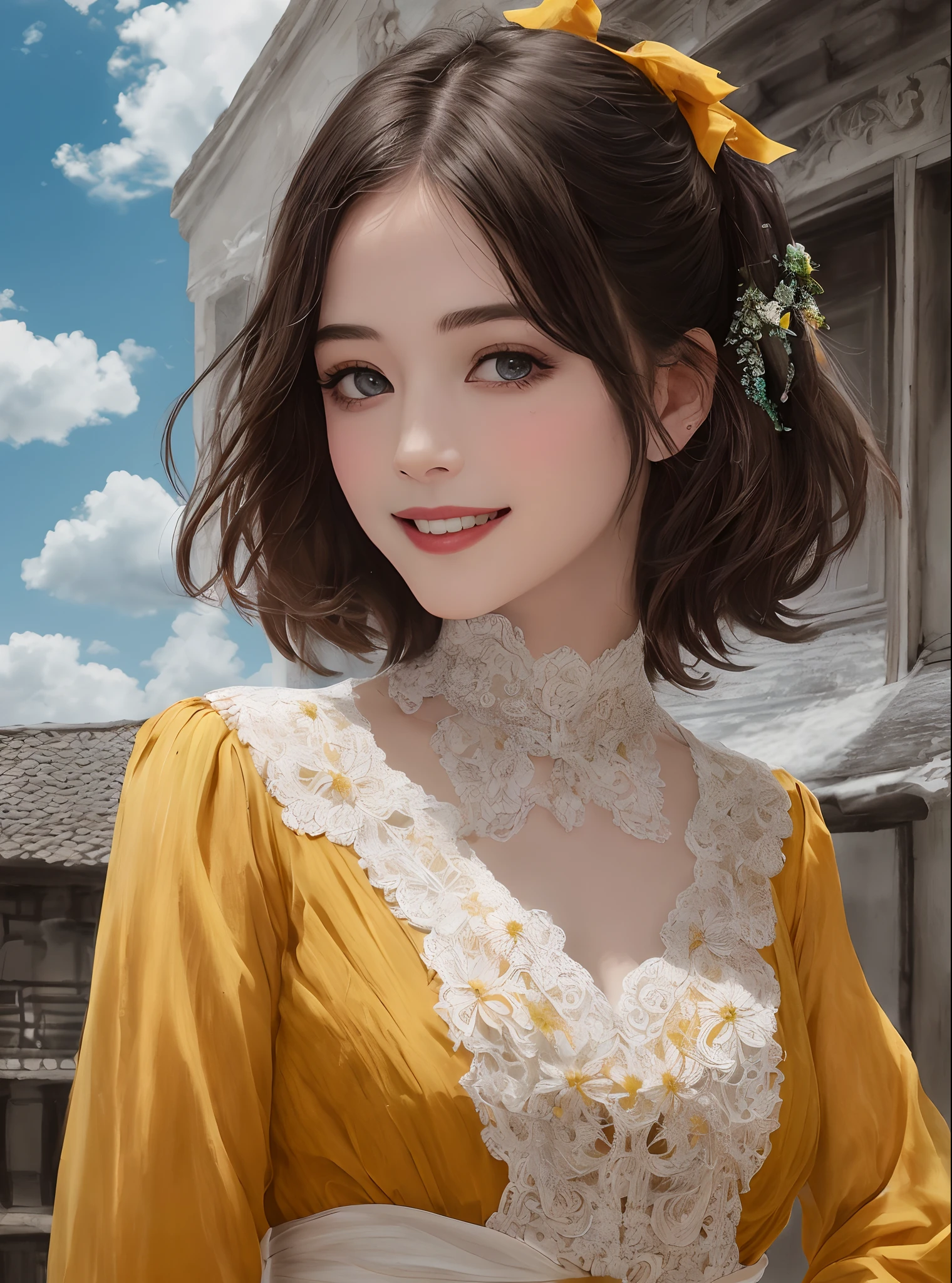 Masterpiece, Best quality:1.3), high resolucion, Realistic Beauty, (Ultra-detailed),(noir et blanc) Highly detailed portrait of a little girl, cheveux mi longs, en pagaille, debout,[droit], Sinueuse, (1fille), ((minora)), (nez), ((sourire)), (larmes avec un degrader de rouge,orange,jaune,vert,bleu,violet),fille enfant, ville, Seductive, pauvre, sweltering, sourire, Regarder le ciel, (Clothes with holes),  textured, Motifs, soufflant dans ca main,(Ultra detailed),direction du ciel,poussiere,multi color, creant un nuage,(couleur vive, 4k,)cinematic, posture dynamique, Plan large, dramatic lighting:1.1, (Gradients), nature, (visage parfait), contour, mise au point nette, chaleur, Light particles, (profondeur de champ), (Intricate details:1.2), (Extremely detailed background), Architecture ville detruite en arriere plan