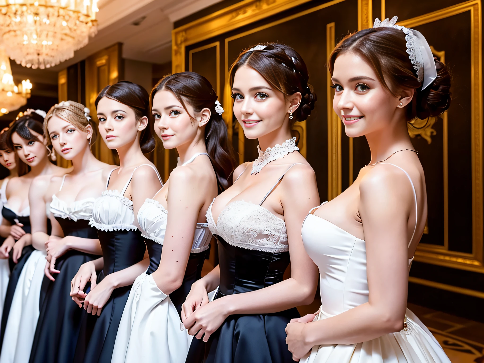 victorian maids line up in line, luxury royal lobby, detailed face, cute face, attractive feminine body, young girls:1.4, cleavage, beautiful smile, full body, seductive eyes, side shot,