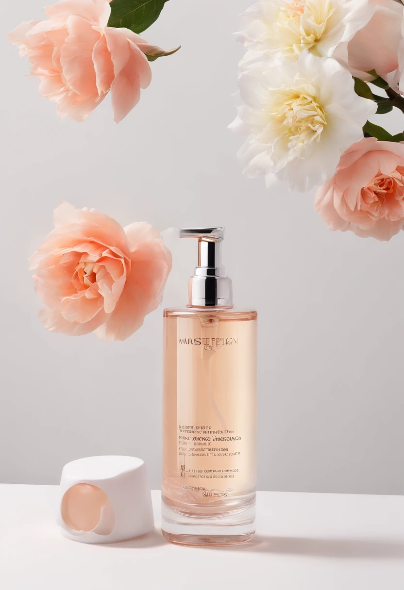(best quality,4k,8k,highres,masterpiece:1.2),ultra-detailed,(realistic,photorealistic,photo-realistic:1.37),close-up of a bottle of toner and a selection of fresh flowers, clean facial and body skin, skincare, skin care, photoshoot for a skincare brand, product photography, professional product shoot, product shoot, product shoot, product presentation photos, professional product photos, product shoot, minimalist design, photo products, natural skin color, clean gloss, natural skin tone, miniature product photos