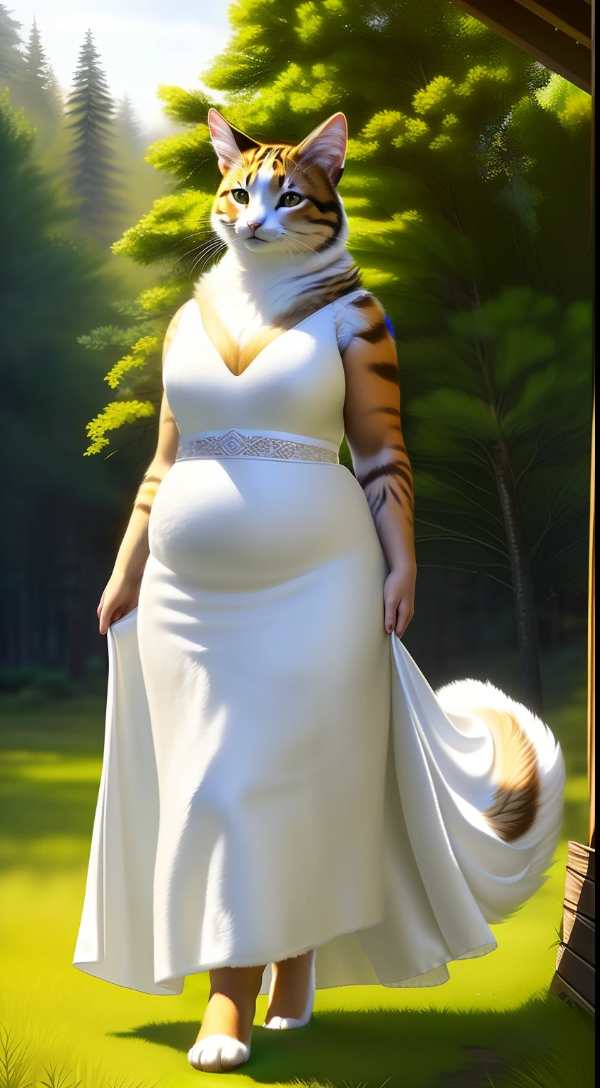 anthro (Cat), (detailed fluffy fur, Detailed fur texture:1.2), Adult, Woman's, Solo, fat body、White dress、tail, Detailed background, forested background, Photorealistic, Hyper realistic, ultra-detailliert,