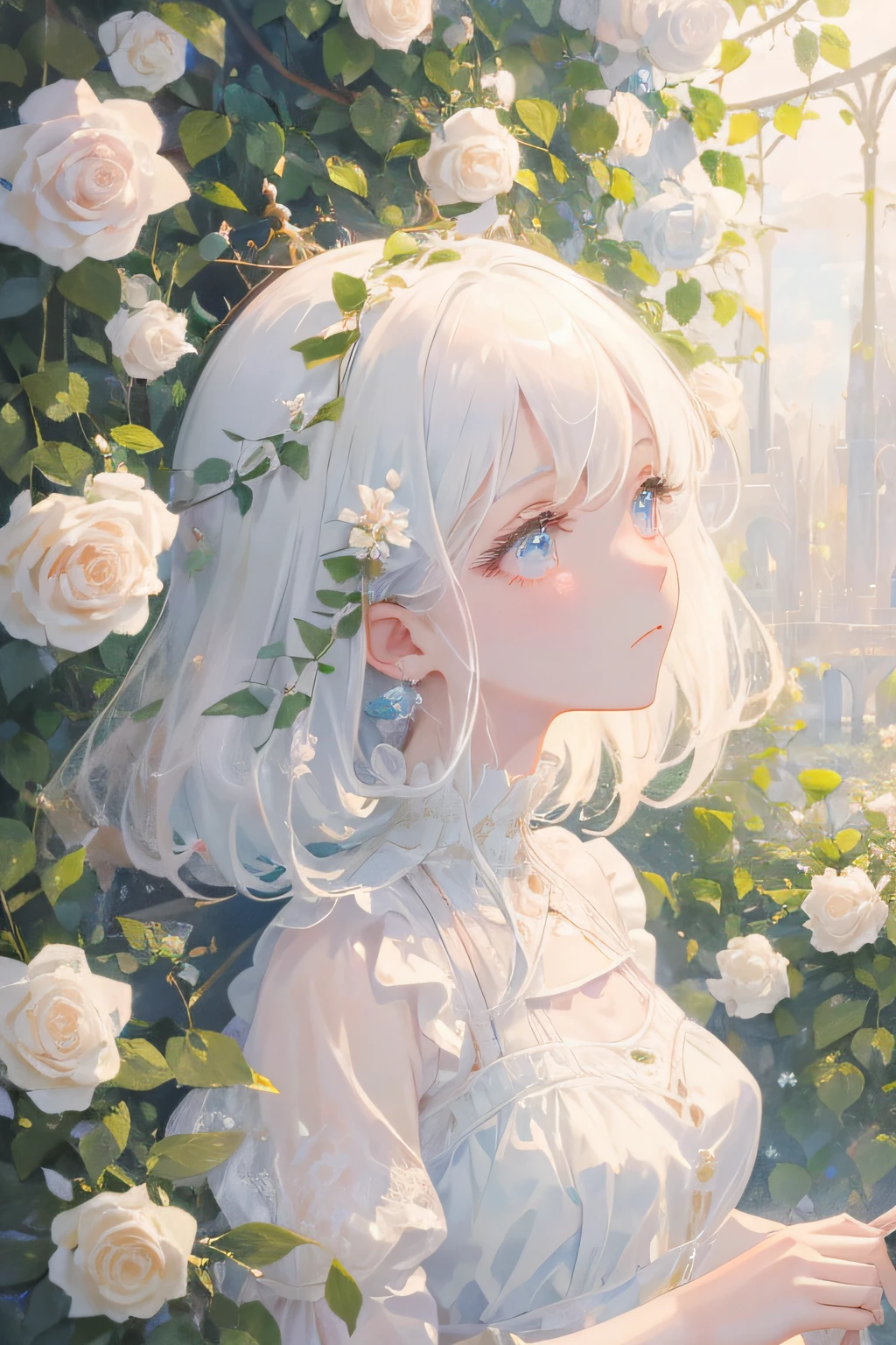 (High quality, 8K), watercolor paiting, Girl in a birdcage, (birdcage), (Soft light), lots of flower, Girl looks sad, Simple white dress, many flowers, Palace, roses