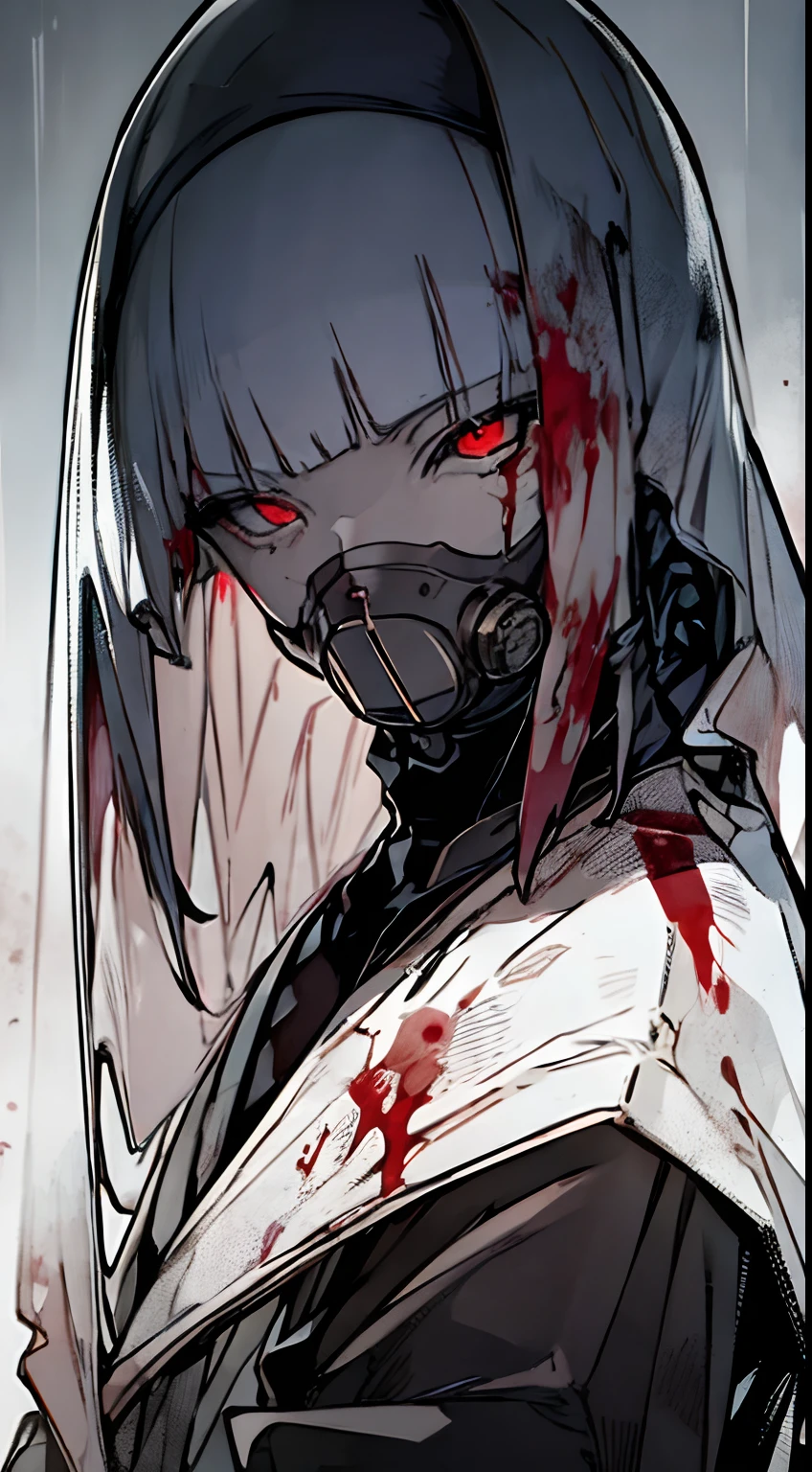 a gas mask、dead body、Blood everywhere、blood splashing、dark hue、Red hue、Cross-eyed、Stranger、View other people、Ahegao , Silly,Sexual ecstasy,Drunken eyes,Blunt bangs, Black hair, (finely detailed beautiful eye: 1.2), (Detailed background,Dark Fantasy), (beautifull detailed face), High contrast, (Best Illumination, extremely delicate and beautiful), ((Cinematic Light)), Colorful, Hyper Detail, Dramatic light,