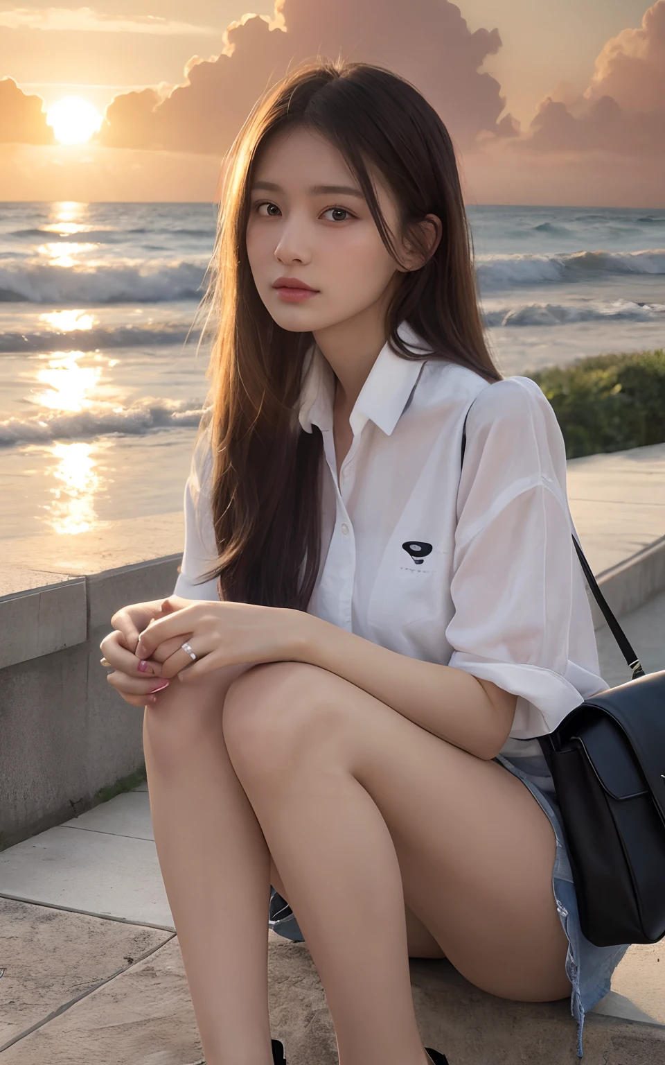 (Cat ears:1.3), (Showing off panties:1.2), (Professional portrait, Realistic and perfectly shaped subjects:1.3), (masterpiece, highest quality:1.2), (Realistic, Ultra-realistic, Realistic:1.3), (ultra High resolution), High resolution, Intricate details, Super detailed, (Highly detailed CG, unity 8k wallpaper:1.3), Clear image,
break
(1 Japanese girl, 16 years old), (cute, Slender figure), (Perfect Anatomy, Correct limbs:1.2), (Perfect hands), Perfect Arms, Beautiful and delicate face down to the last detail, Beautiful and delicate eye and eye highlights, (Very thin and delicate、not too long lashes), (Captivating eyes, Beautifully detailed eyes and face), light makeup, Pink Lip, Lip gloss, Stylish face, (Shiny skin, Realistic skin detail), Brown Hair, medium chest
break
, (High school girl),
(White open shirt:1.3), (Pleated skirt:1.2),
(Black socks),
break
(Sunset seashore :1.3), squatting in the beach, (Cowboy Shot), break
(((blush:1.4))), ((Embarrassing:1.4)), (((shy:1.5)))
break
from below
break