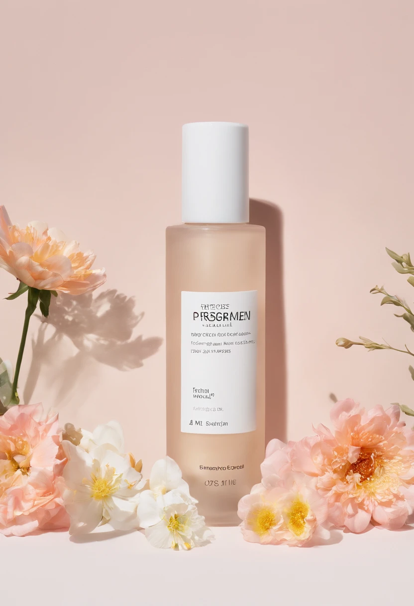 (Best quality,4K,8K,A high resolution,Masterpiece:1.2),Ultra-detailed,(Realistic,Photorealistic,photo-realistic:1.37),A close-up of a bottle of toner and a selection of flowers, clean face and body skin, Skincare, skin care, Take photos for skincare brands, Product photography, professional product shot, products shot, products shot, product display photograph, professional product photo, products shot, Minimalist design, photo product, natural skin tones, Clean gloss, natural skin tones, miniature product photo