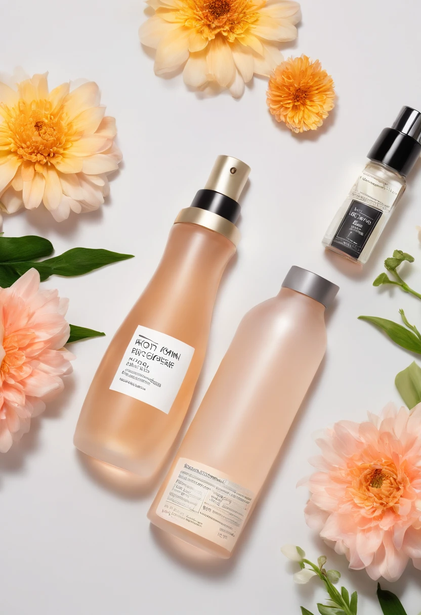 (Best quality,4K,8K,A high resolution,Masterpiece:1.2),Ultra-detailed,(Realistic,Photorealistic,photo-realistic:1.37),A close-up of a bottle of toner and a selection of flowers, clean face and body skin, Skincare, skin care, Take photos for skincare brands, Product photography, professional product shot, products shot, products shot, product display photograph, professional product photo, products shot, Minimalist design, photo product, natural skin tones, Clean gloss, natural skin tones, miniature product photo