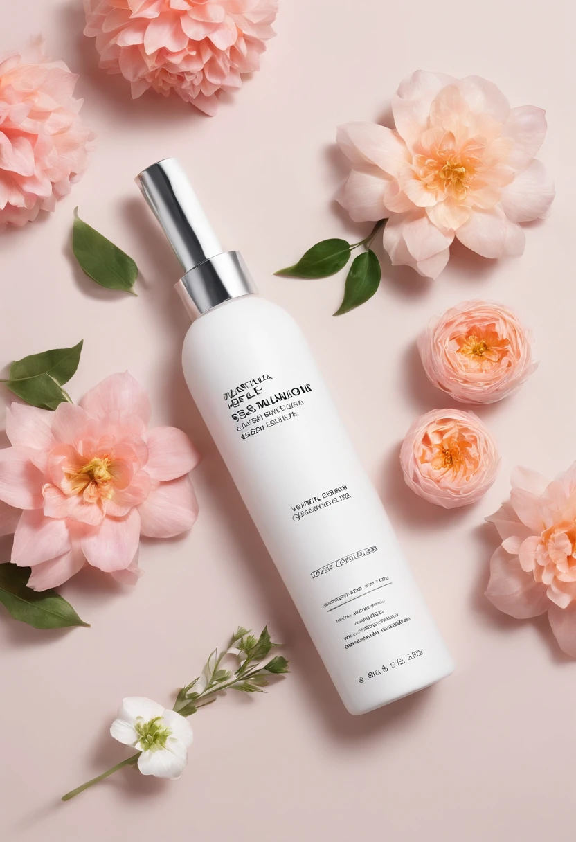 (Best quality,4K,8K,A high resolution,Masterpiece:1.2),Ultra-detailed,(Realistic,Photorealistic,photo-realistic:1.37),A close-up of a bottle of toner and a selection of flowers, clean face and body skin, Skincare, skin care, Take photos for skincare brands, Product photography, professional product shot, products shot, products shot, product display photograph, professional product photo, products shot, Minimalist design, photo product, natural skin tones, Clean gloss, natural skin tones, miniature product photo