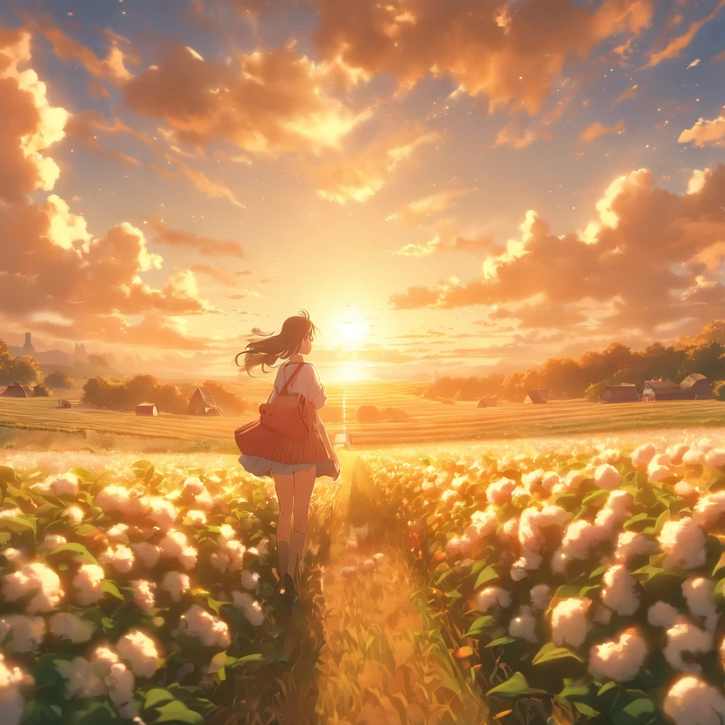 best quality,4k,8k,highres,masterpiece:1.2,ultra-detailed,(realistic,photorealistic,photo-realistic:1.37),vivid colors,HDR,UHD,sharp focus,physically-based rendering,professional,cotton field,drone shots,natural,happiness,serene,peaceful,wide-angle view,floating cotton,gentle breeze,farm,agriculture,freshness,sunshine,summer,the golden hour,blissful ambience,harmonious composition,ethereal,calmness,colorful sky
