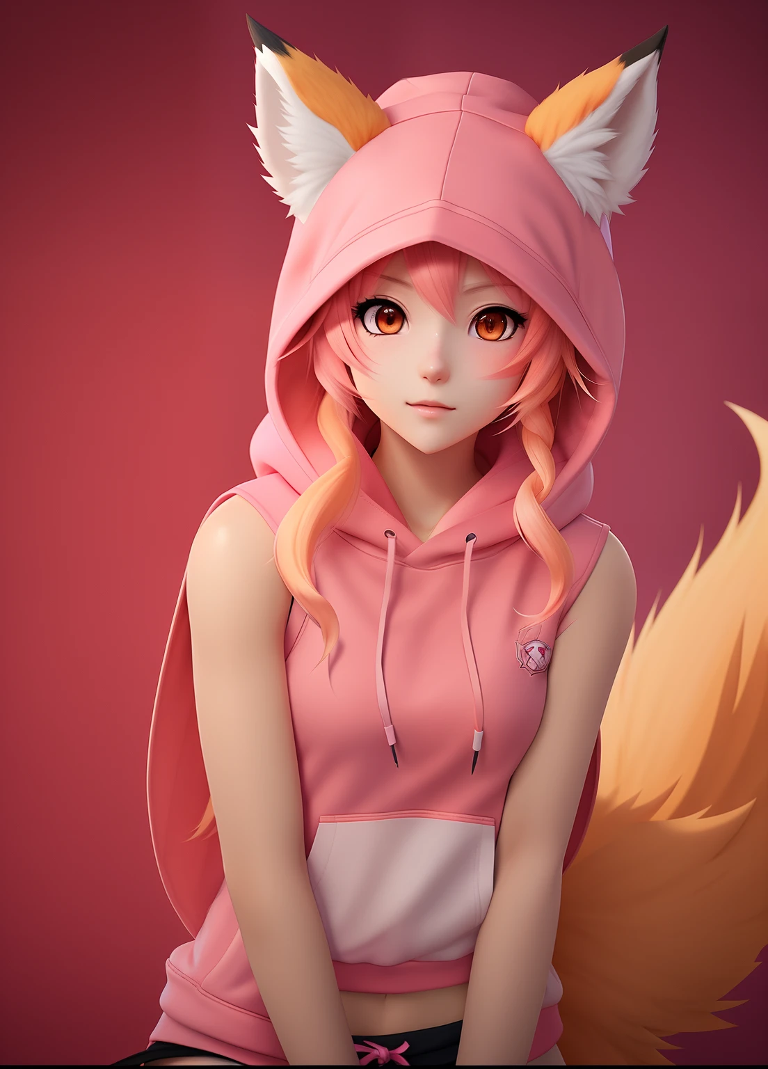 anime girl with a pink hoodie and a fox tail, foxgirl, pink fox, ahri, [ 4 k digital art ]!!, fox nobushi, realistic anime 3 d style, realistic artstyle, trending on cgstation, kawaii realistic portrait, realism artstyle, anime style. 8k, in a hoodie