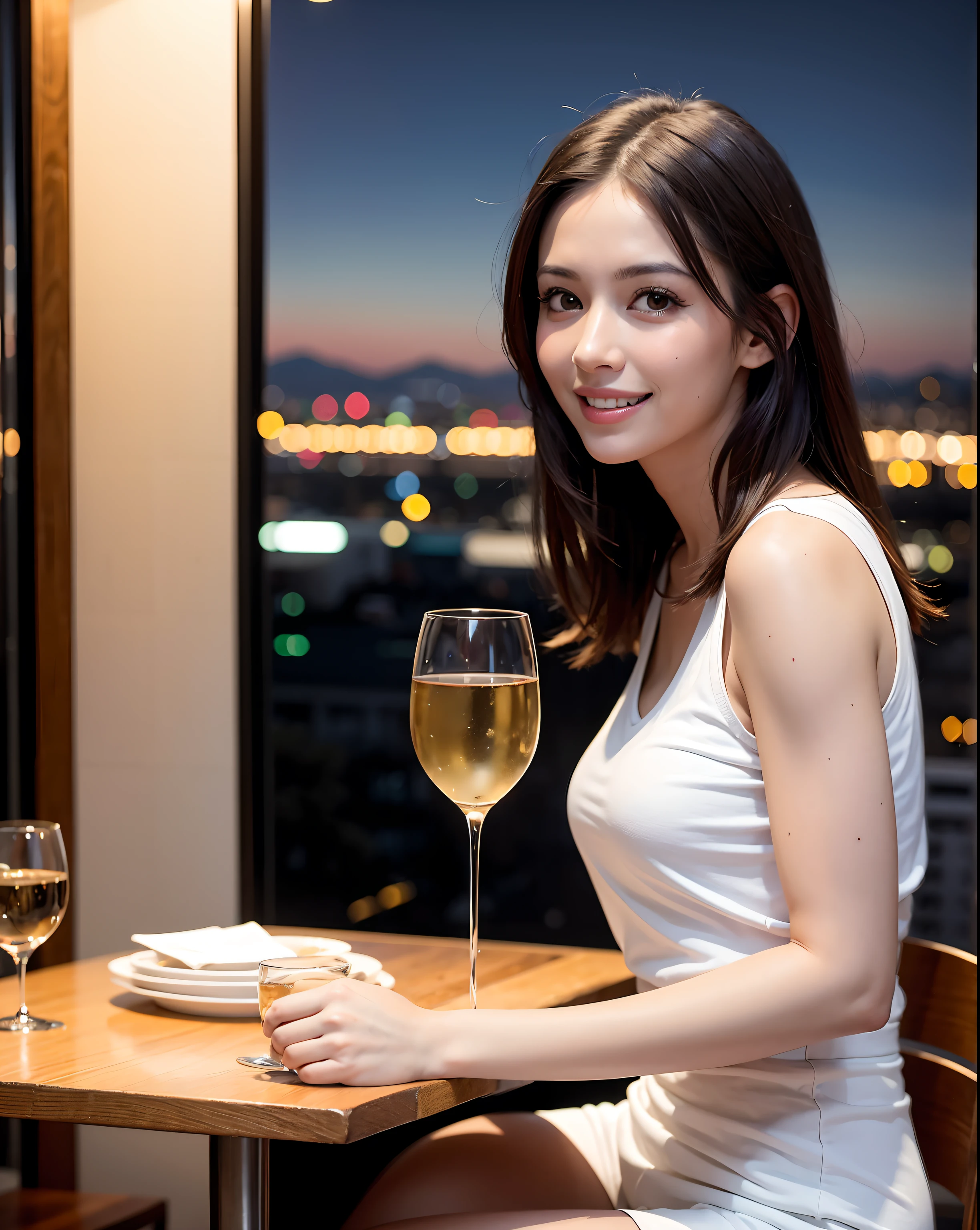 (64K, UHD, top quality, masterpiece: 1.2), (realistic, photorealistic: 1.37), super detailed, pretty woman 1 person, (slim face), (slim body), (brown hair), (short cut), cheeks slightly blushing, (44 years old), 38 years old, solo, beautiful detailed urban night view outside the window, restaurant, wine glasses sit, at night, in a prominent placeNovaFrogStyle, Actress, Model, Waist Up, White Wine, Slim, Wine Glass, Super Clean Night View, Wine Glass Put in the Middle, Happy Smile, (Smile: 1.15), Beautiful Fine Eyes, Upper Body, Bust Japan Up, Night, Short, Short, Actress, Model, Waist Up, White Wine, Slim, Wine Glass, Super Clean Night View, Wine Glass Put in the Middle, Happy Smile,