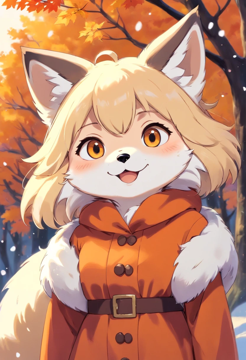 (Best quality,Realistic:1.37),snow fox in Halloween costume,Detailed fur,Happy expression,Vivid colors,Studio lighting,playful pose,Autumn background,Soft lighting,Bokeh,Portrait style,cute cute