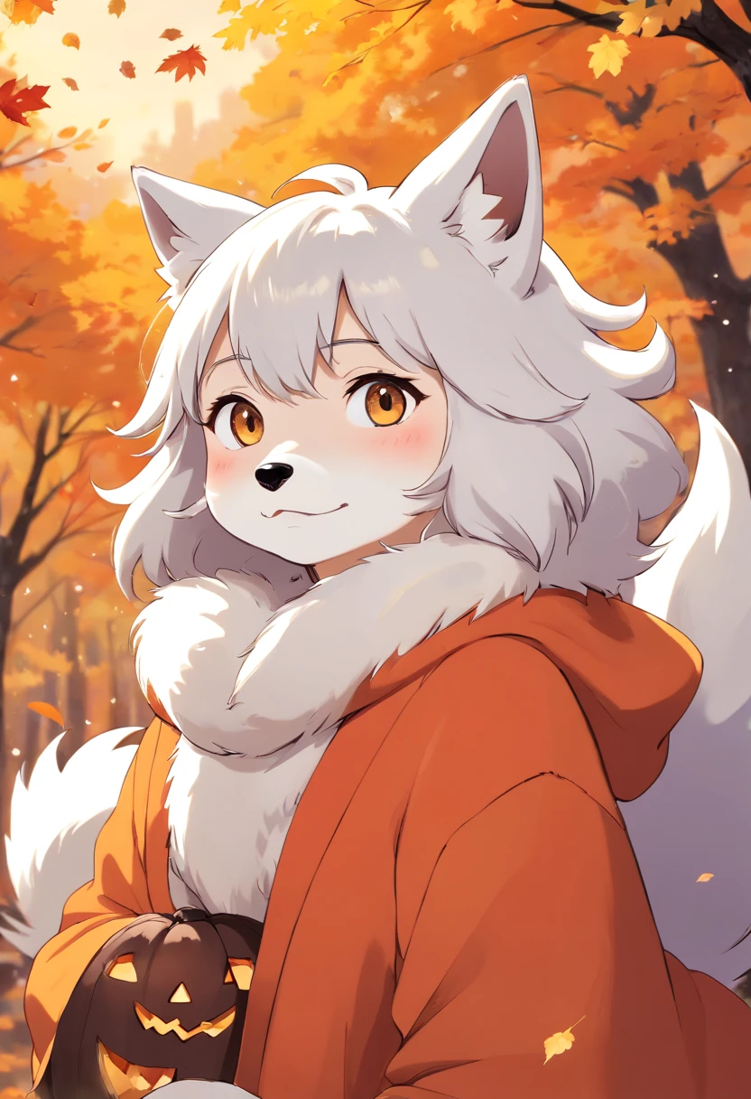 (Best quality,Realistic:1.37),snow fox in Halloween costume,Detailed fur,Happy expression,Vivid colors,Studio lighting,playful pose,Autumn background,Soft lighting,Bokeh,Portrait style,cute cute