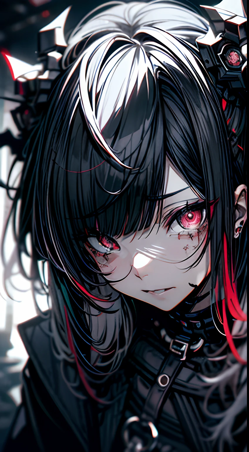 Tears of blood from the eyes、dead body、Blood everywhere、blood splashing、dark hue、Red hue、Cross-eyed、Stranger、View other people、Ahegao , Silly,Sexual ecstasy,Drunken eyes,Blunt bangs, Black hair, (finely detailed beautiful eye: 1.2), (Detailed background,Dark Fantasy), (beautifull detailed face), High contrast, (Best Illumination, extremely delicate and beautiful), ((Cinematic Light)), Colorful, Hyper Detail, Dramatic light,