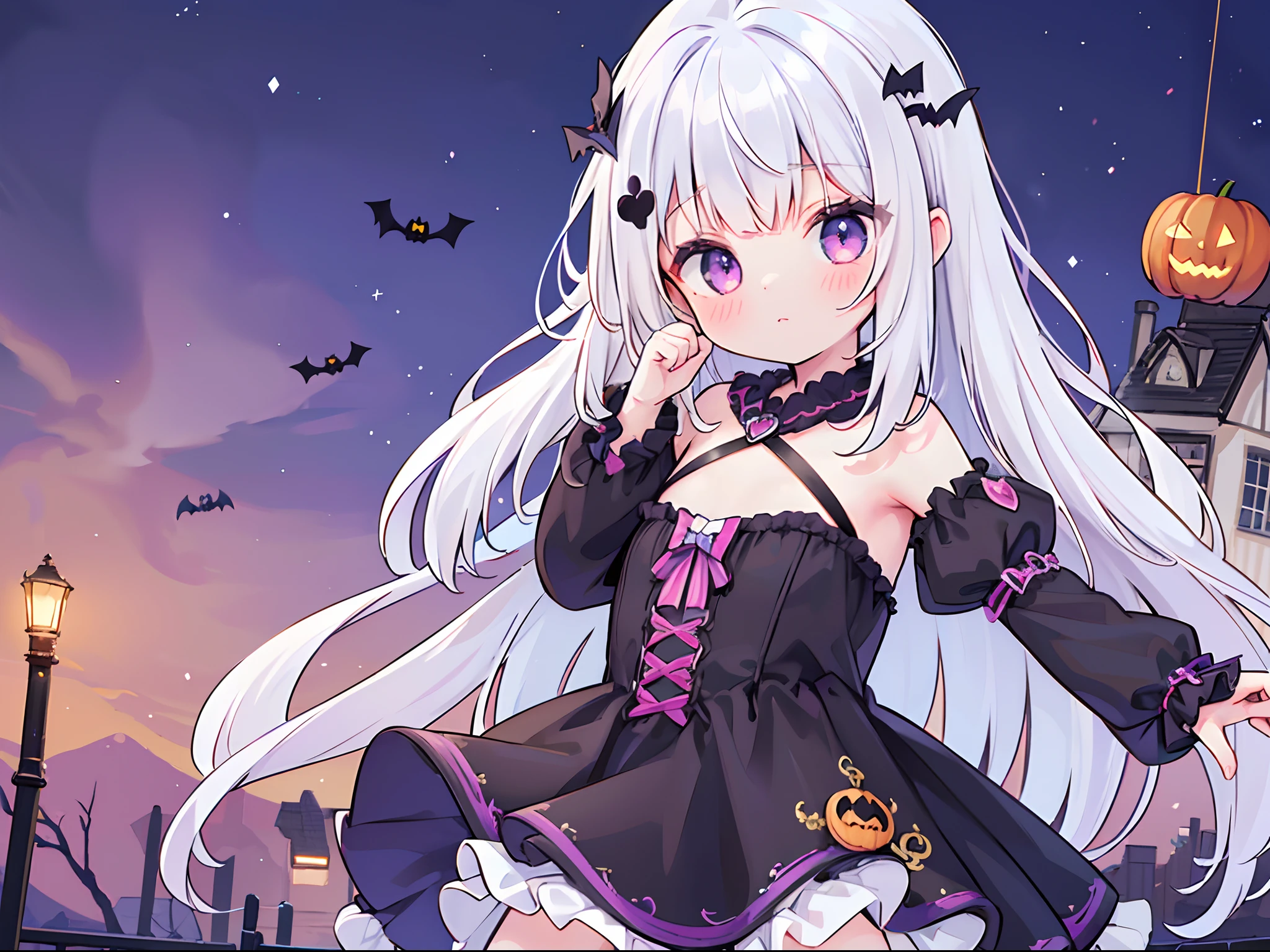 ((hiquality,Best Quality,8K,Top image quality,))girl1,kawaii,Upper body only,the witch,Lori,cute little,,Halloween,fancy dress,White hair,Purple eyes,Long