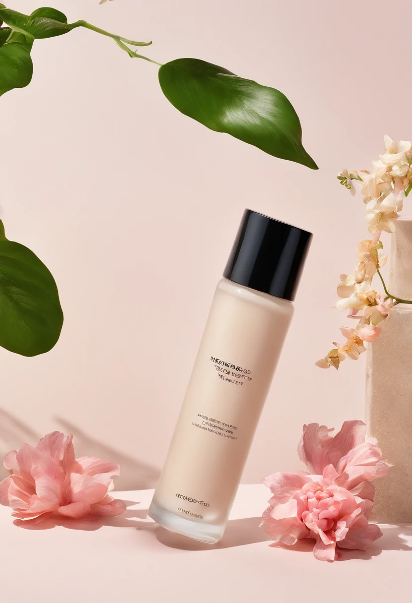 (Best quality,4K,8K,A high resolution,Masterpiece:1.2),Ultra-detailed,(Realistic,Photorealistic,photo-realistic:1.37),Close-up of a bottle of toner and a selection of flowers, Clean face and body skin, Skincare, skin care, Take photos of skincare brands, Product photography, professional product shot, products shot, products shot, product display photograph, professional product photo, products shot, Minimalist design, photo product, natural skin tones, Clean gloss, natural skin tones, miniature product photo