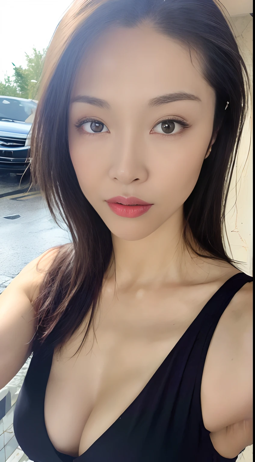 ((Best quality, 8k, Masterpiece: 1.3)), Sharp focus: 1.2, A beautiful woman with perfect body: 1.4, Slim abdomen: 1.2, ((Layered haircut, Large breasts: 1.2)), (no bra) (Small and beautiful hard nipple) (Thin and damp button up to shirt length: 1.1), (White shirt wet by rain), (Rain, Street: 1.2), Wet body: 1.1, Highly detailed face and skin texture, Detailed eyes, Double eyelid, tanned skin, sexy, tan, dark skin, tanned body, exposed shoulders, cleavage